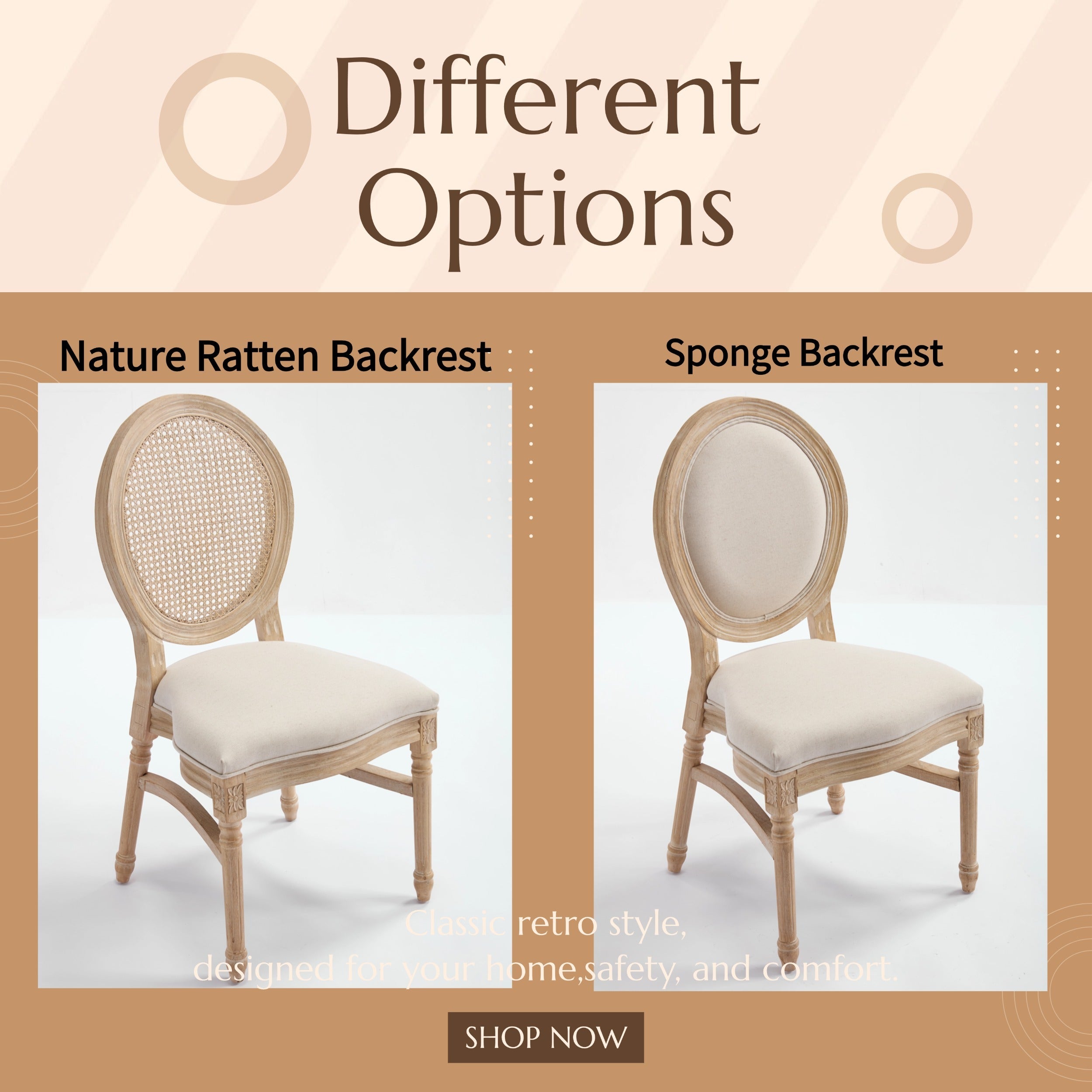 French Country Dining Chairs Set of 2, Upholstered Chairs with Nature Rattan Round Back, Wire drawing and carving techniques ,Disassemblable and Stackable, for Living Room, Kitchen , Restaurant Use
