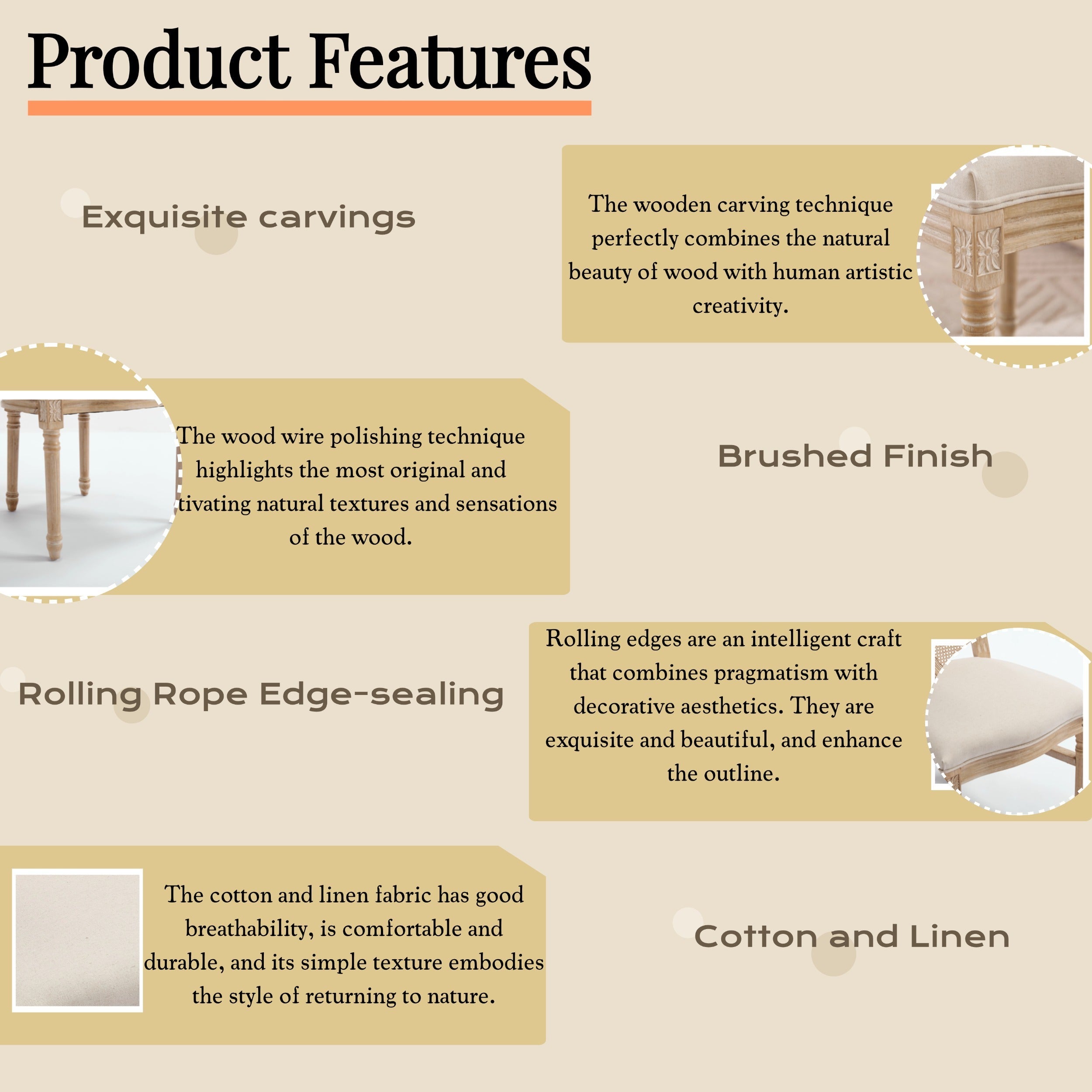 French Country Dining Chairs Set of 2, Upholstered Chairs with Nature Rattan Round Back, Wire drawing and carving techniques ,Disassemblable and Stackable, for Living Room, Kitchen , Restaurant Use