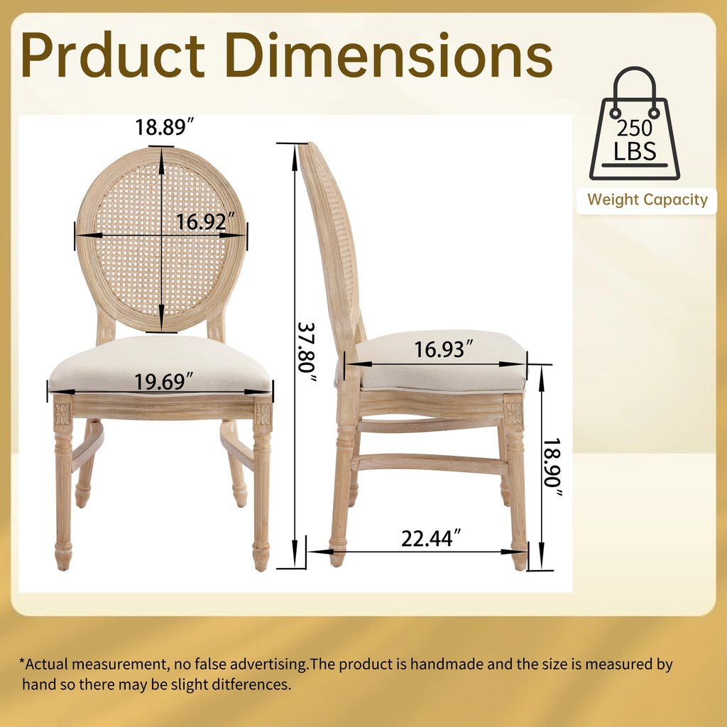 French Country Dining Chairs Set of 2, Upholstered Chairs with Nature Rattan Round Back, Wire drawing and carving techniques ,Disassemblable and Stackable, for Living Room, Kitchen , Restaurant Use