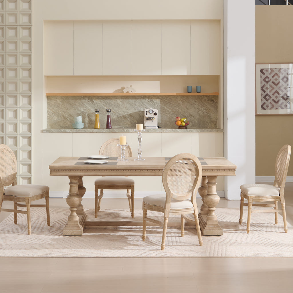 French Country Dining Chairs Set of 2, Upholstered Chairs with Nature Rattan Round Back, Wire drawing and carving techniques ,Disassemblable and Stackable, for Living Room, Kitchen , Restaurant Use