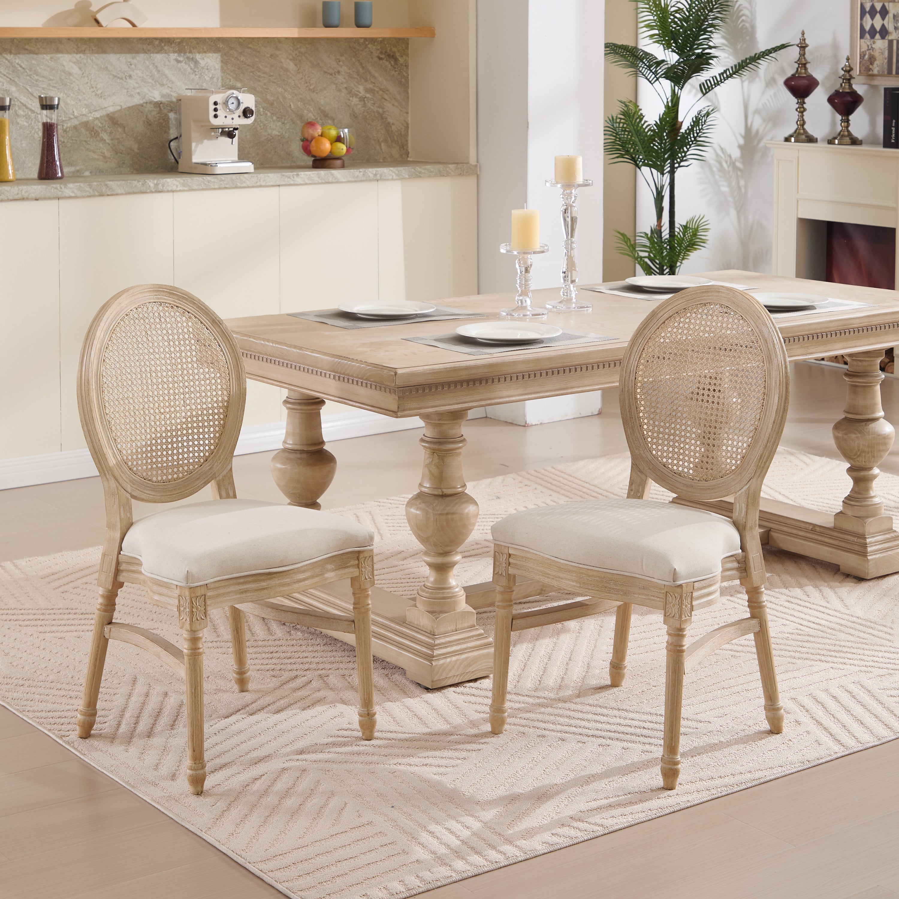 French Country Dining Chairs Set of 2, Upholstered Chairs with Nature Rattan Round Back, Wire drawing and carving techniques ,Disassemblable and Stackable, for Living Room, Kitchen , Restaurant Use