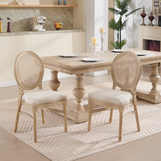 French Country Dining Chairs Set of 2, Upholstered Chairs with Nature Rattan Round Back, Wire drawing and carving techniques ,Disassemblable and Stackable, for Living Room, Kitchen , Restaurant Use