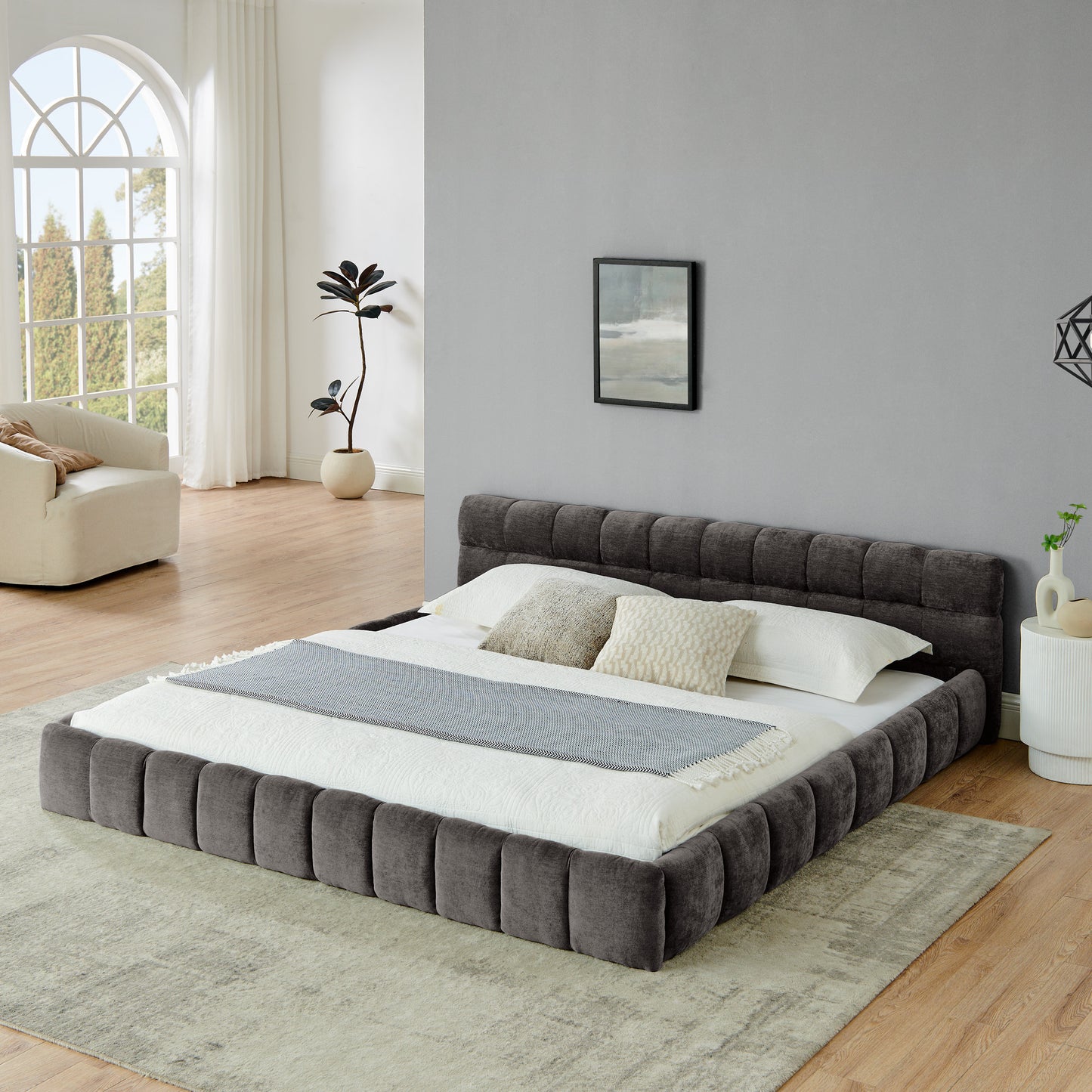 King size Upholstered Bed Frame with Thick Fabric, Chenille Fabric Grounded Queen Size Platform Bed with Headboard and Solid Frame. No Box Spring Needed-Dark Gray(88.5''*85.5''*24'')