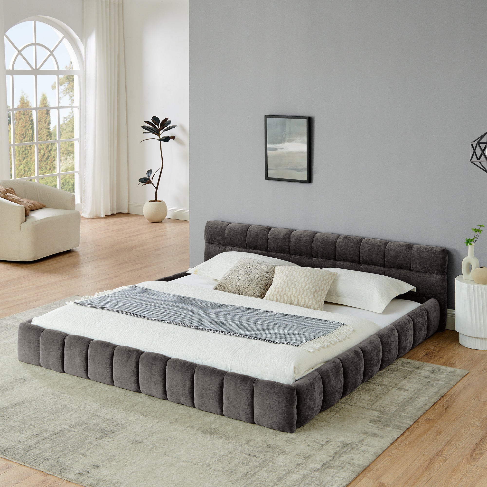 King size Upholstered Bed Frame with Thick Fabric, Chenille Fabric Grounded Queen Size Platform Bed with Headboard and Solid Frame. No Box Spring Needed-Dark Gray(88.5''*85.5''*24'')