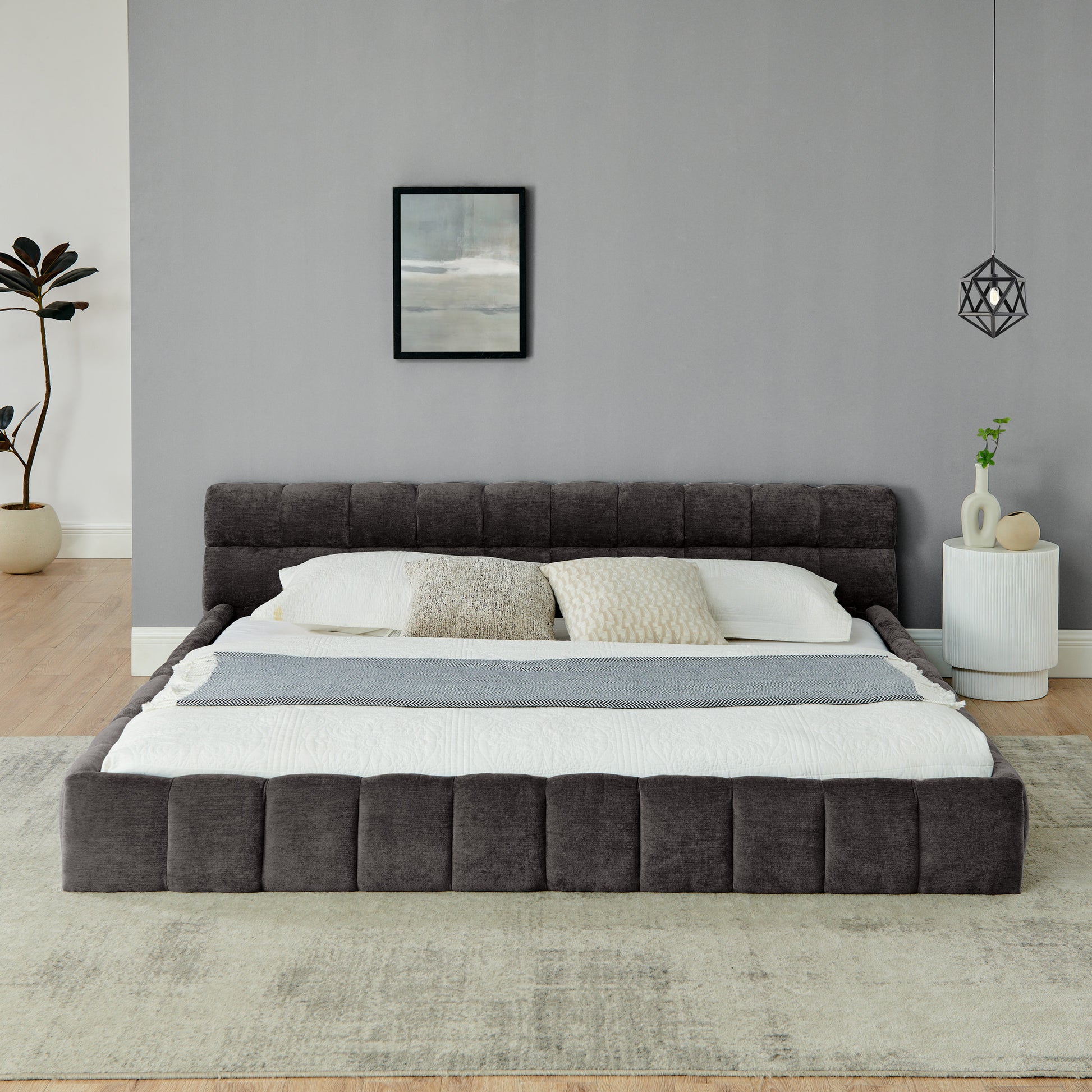 King size Upholstered Bed Frame with Thick Fabric, Chenille Fabric Grounded Queen Size Platform Bed with Headboard and Solid Frame. No Box Spring Needed-Dark Gray(88.5''*85.5''*24'')