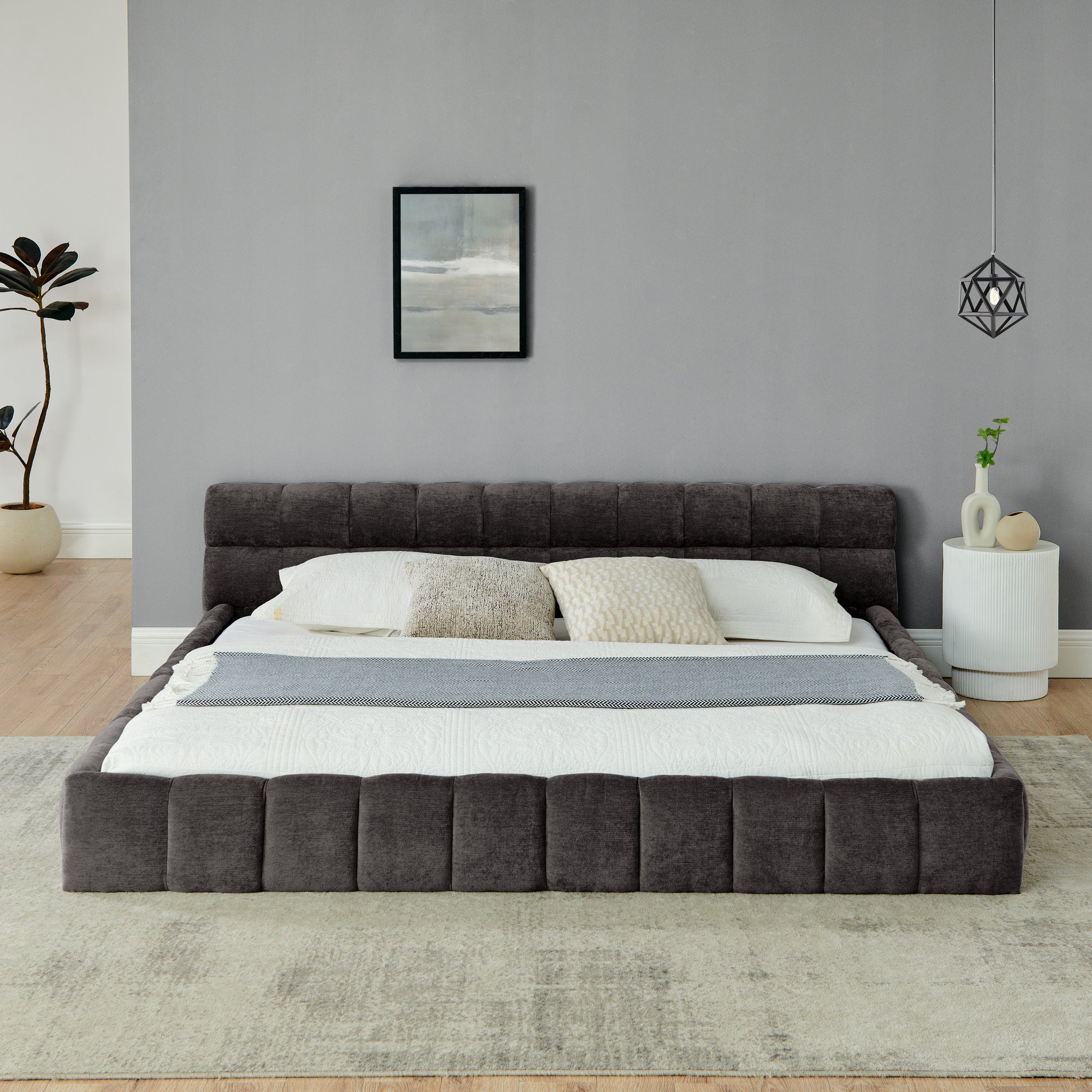 King size Upholstered Bed Frame with Thick Fabric, Chenille Fabric Grounded Queen Size Platform Bed with Headboard and Solid Frame. No Box Spring Needed-Dark Gray(88.5''*85.5''*24'')