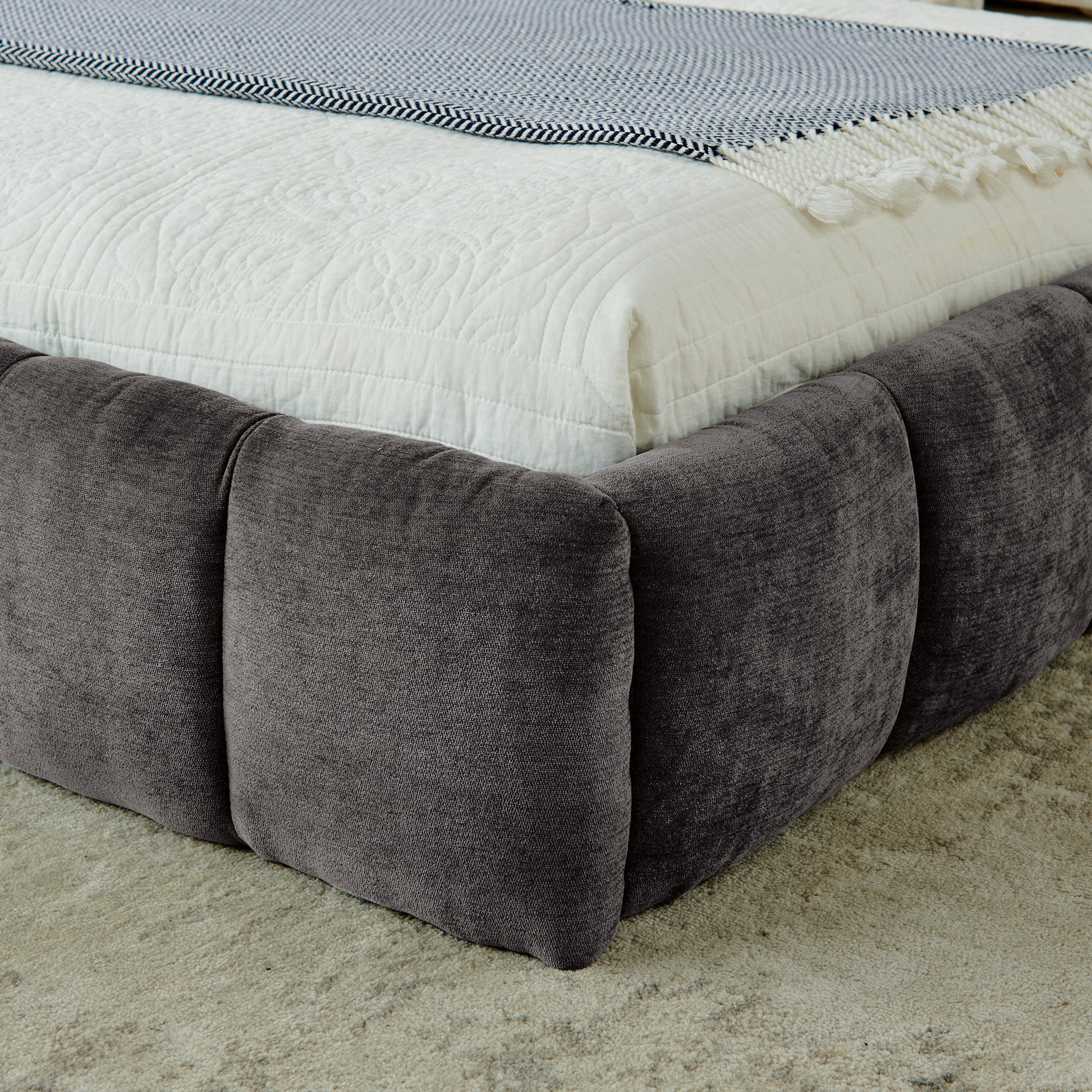 King size Upholstered Bed Frame with Thick Fabric, Chenille Fabric Grounded Queen Size Platform Bed with Headboard and Solid Frame. No Box Spring Needed-Dark Gray(88.5''*85.5''*24'')