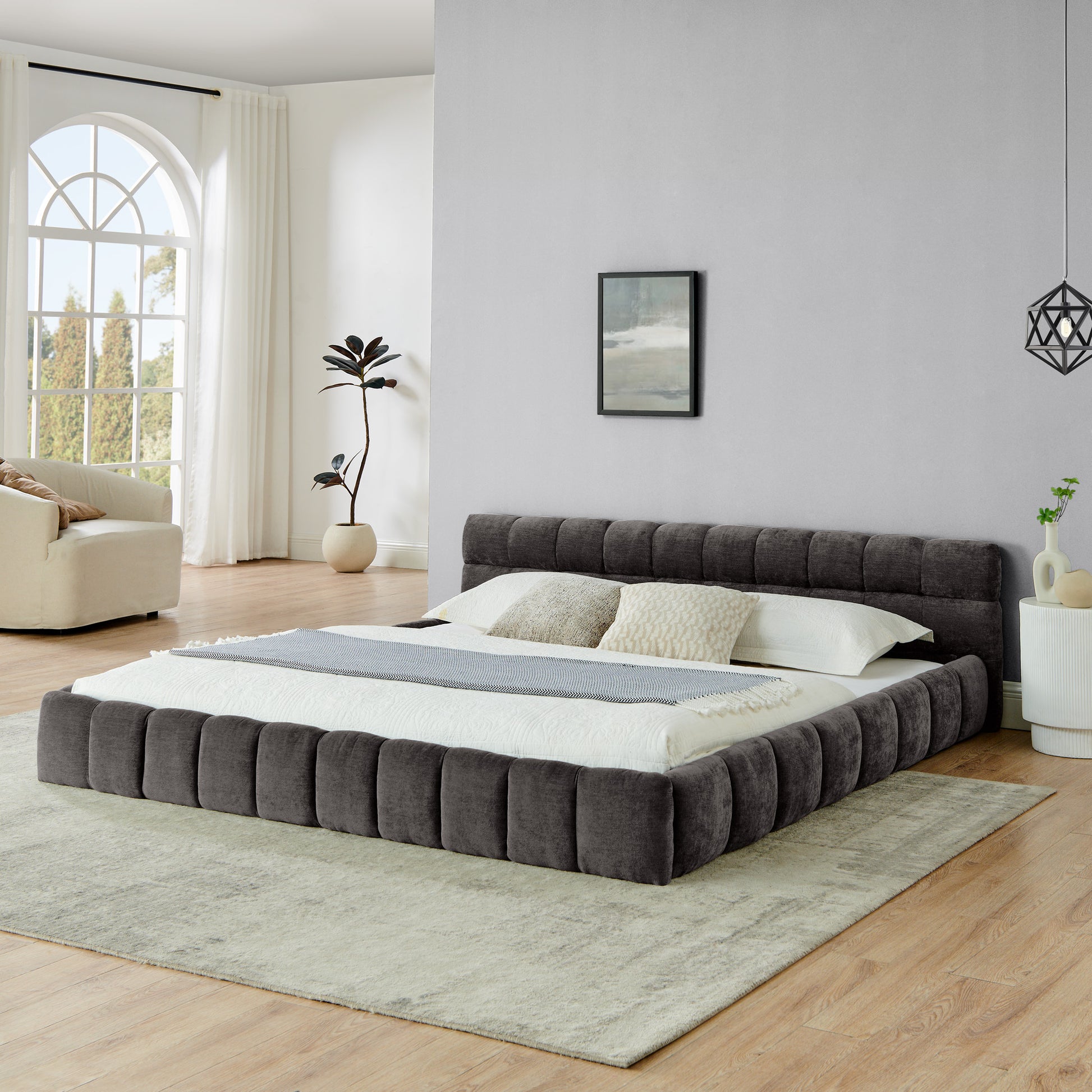 King size Upholstered Bed Frame with Thick Fabric, Chenille Fabric Grounded Queen Size Platform Bed with Headboard and Solid Frame. No Box Spring Needed-Dark Gray(88.5''*85.5''*24'')