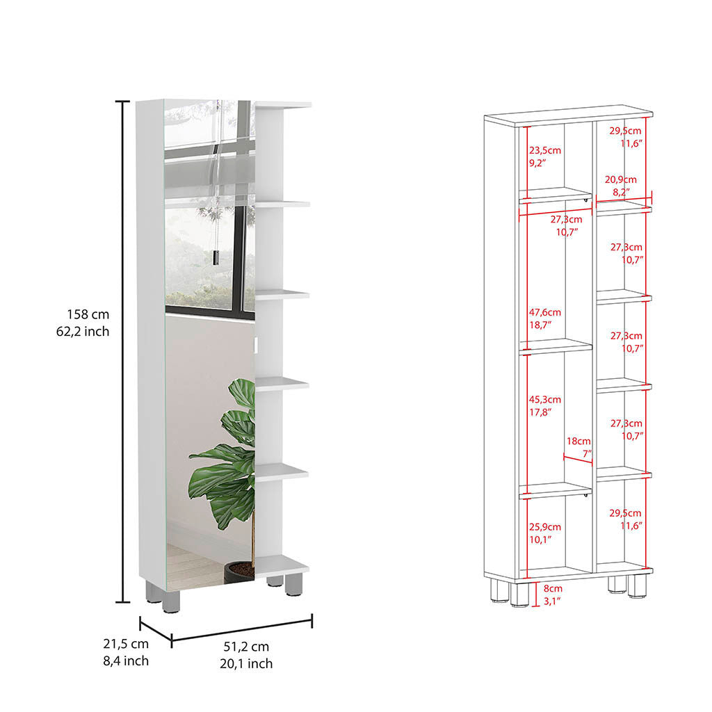 Urano Mirror Linen Cabinet, Four Interior  Shelves, Five External Shelves -White