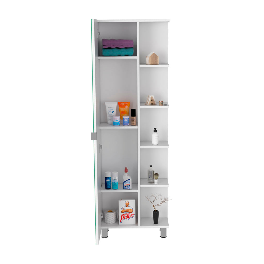 Urano Mirror Linen Cabinet, Four Interior  Shelves, Five External Shelves -White
