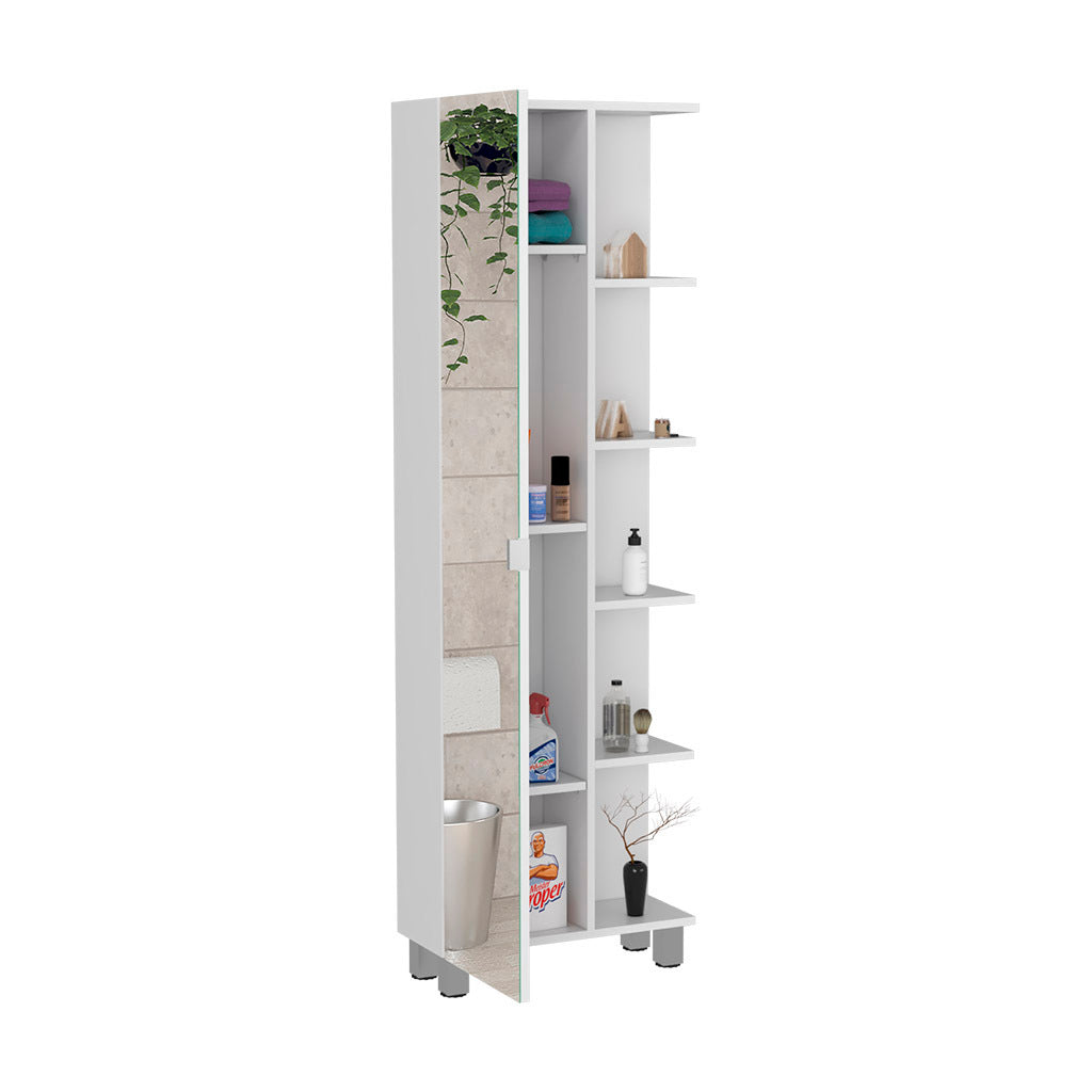 Urano Mirror Linen Cabinet, Four Interior  Shelves, Five External Shelves -White