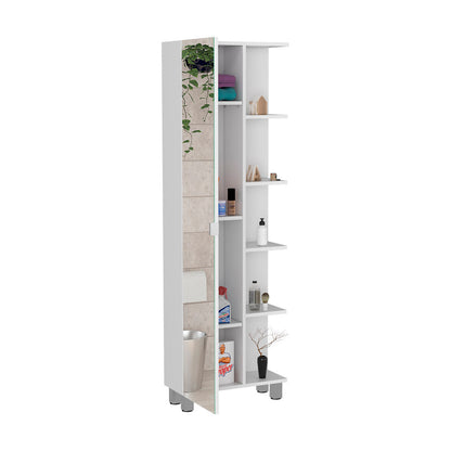 Urano Mirror Linen Cabinet, Four Interior  Shelves, Five External Shelves -White