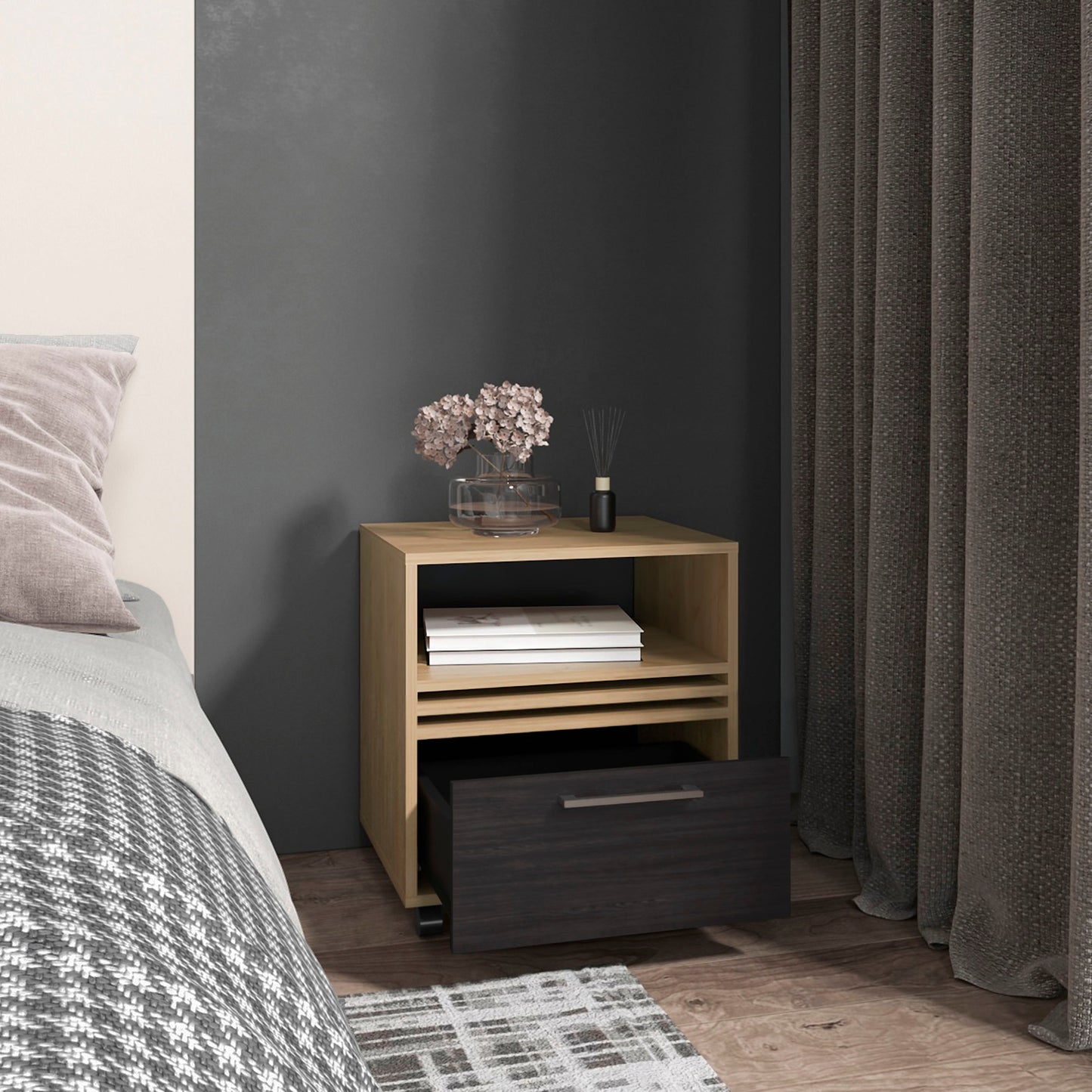 Vance 20' High One Drawer Nightstand, Casters, Mobile, One Shelf, Bedroom Natural Oak