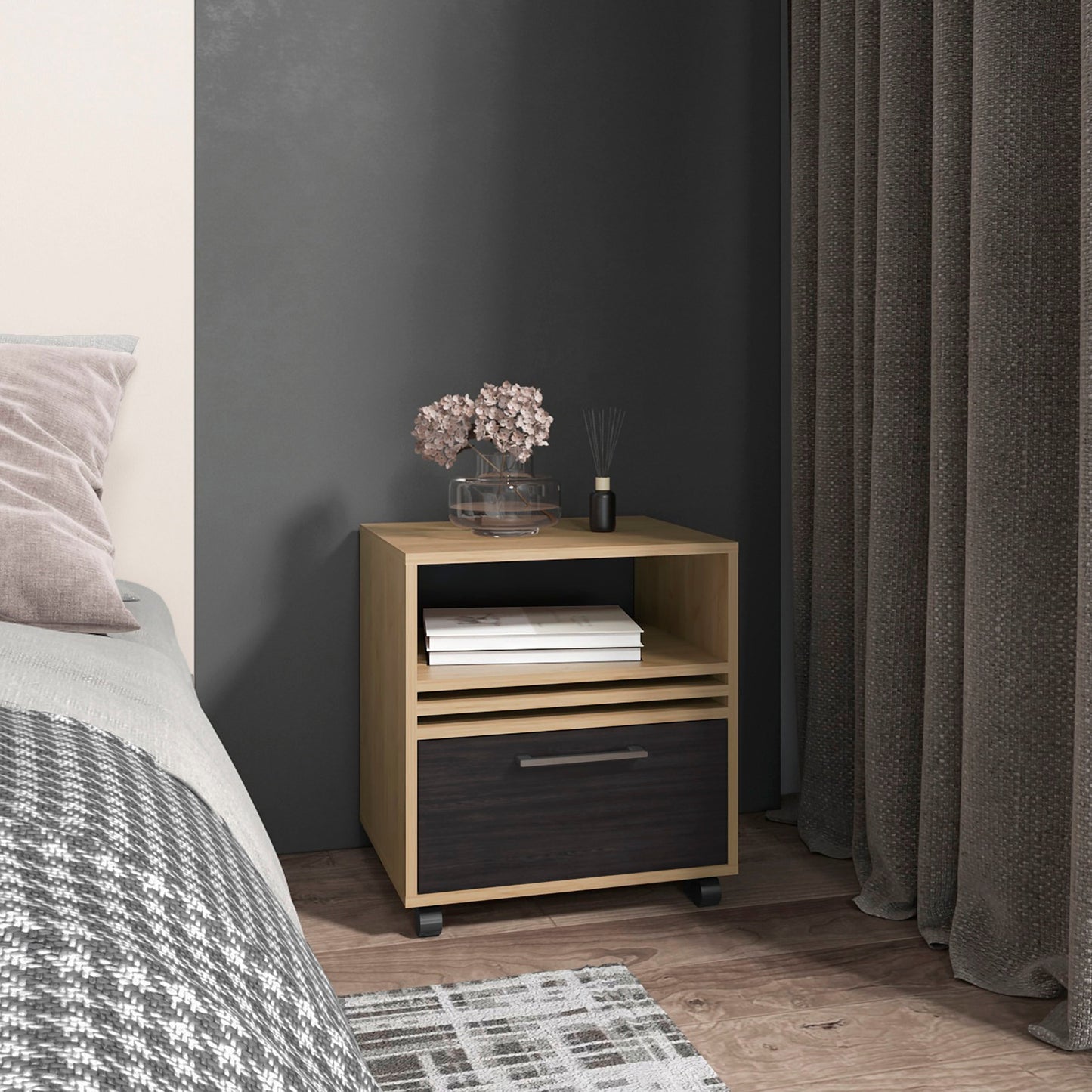 Vance 20' High One Drawer Nightstand, Casters, Mobile, One Shelf, Bedroom Natural Oak