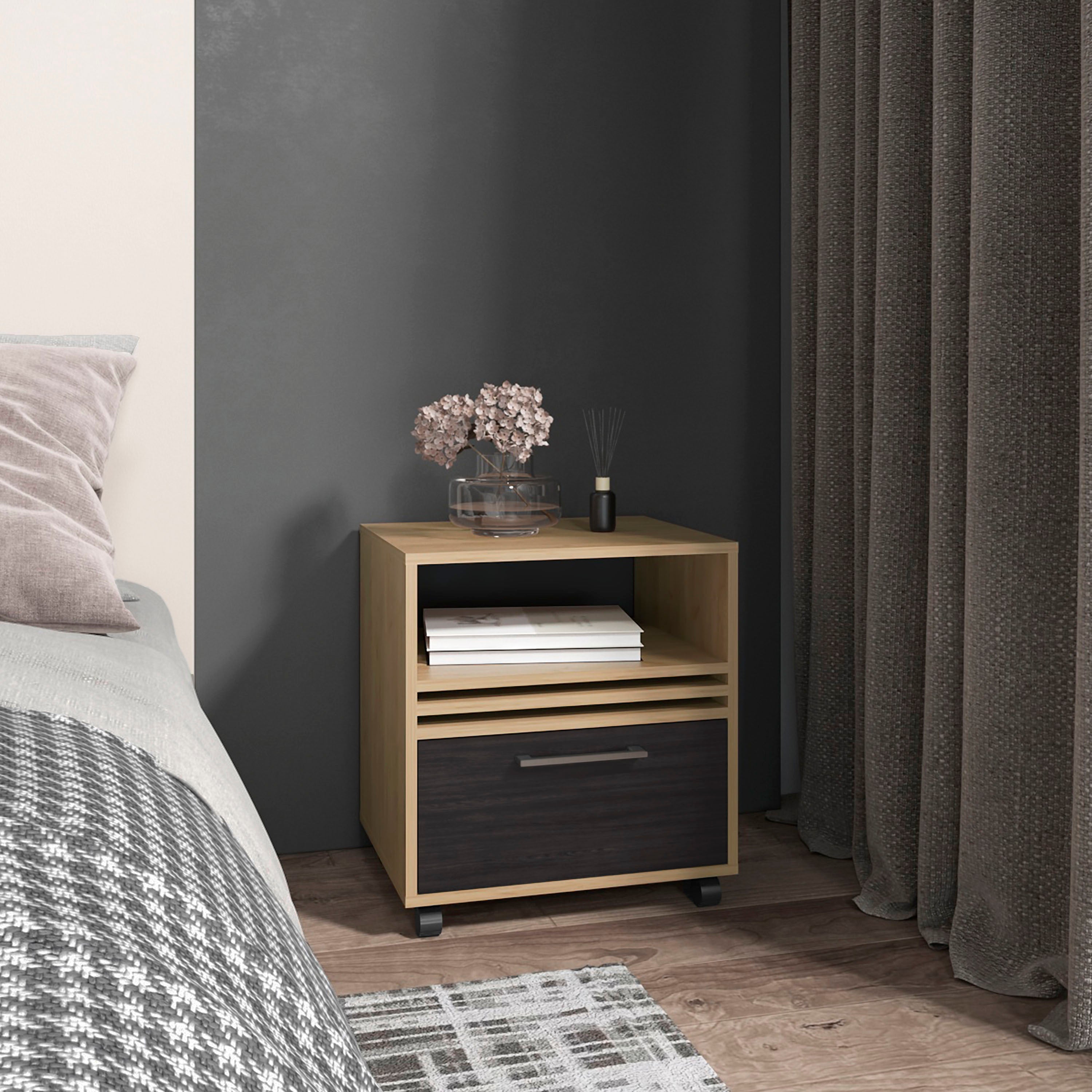 Vance 20' High One Drawer Nightstand, Casters, Mobile, One Shelf, Bedroom Natural Oak