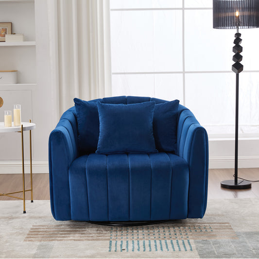 40.35'W Upholstered Oversized 360° Swivel Accent Barrel Chair and Half Cozy Sofa with 3 Pillows, Velvet Channel Tufted Pumpkin-Shape Club Armchair for Living Room, Bedroom, Office, Lounge,NAVY