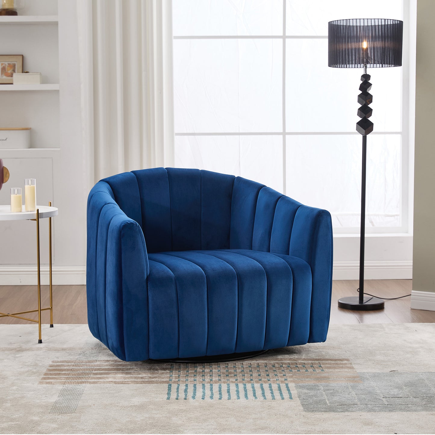 40.35'W Upholstered Oversized 360° Swivel Accent Barrel Chair and Half Cozy Sofa with 3 Pillows, Velvet Channel Tufted Pumpkin-Shape Club Armchair for Living Room, Bedroom, Office, Lounge,NAVY