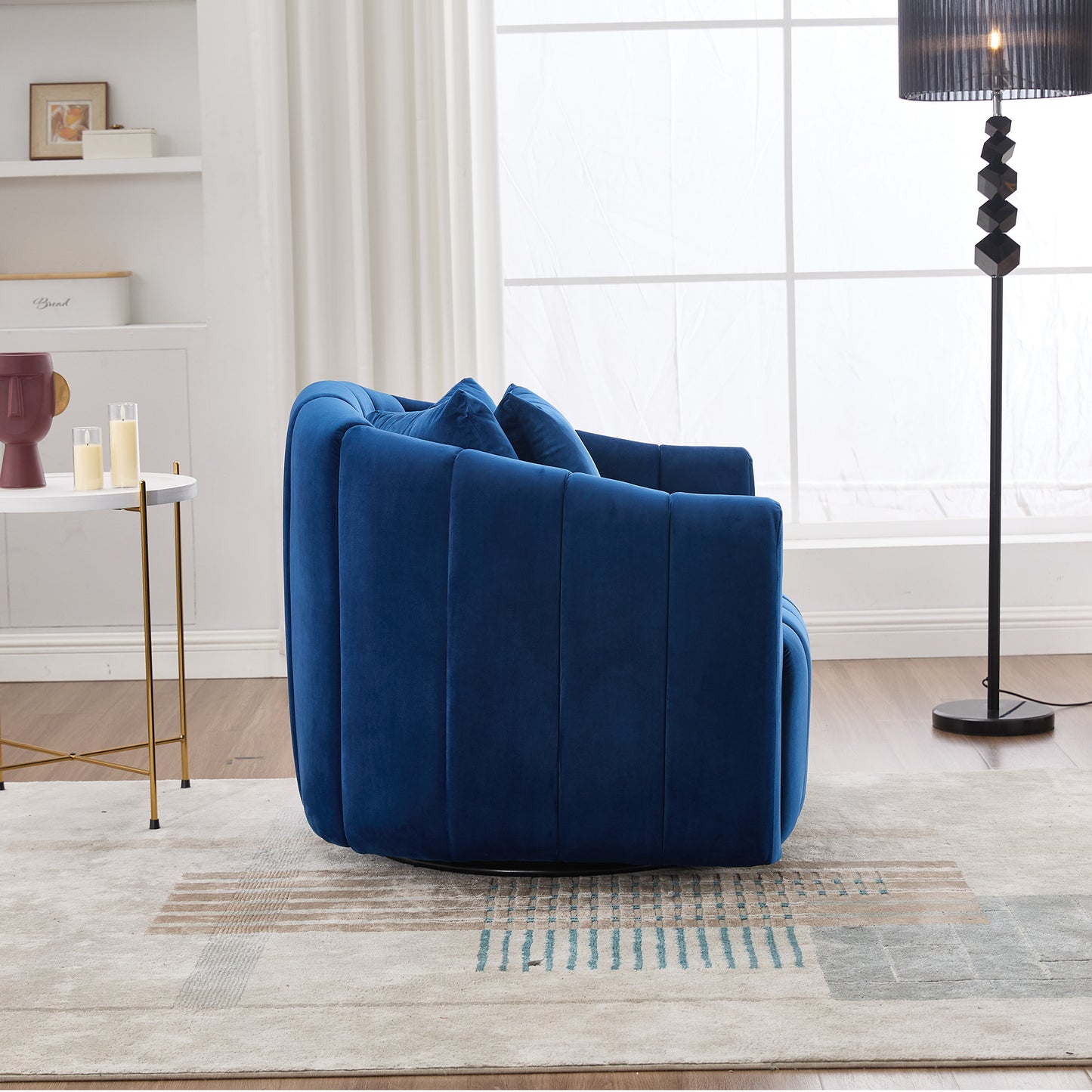 40.35'W Upholstered Oversized 360° Swivel Accent Barrel Chair and Half Cozy Sofa with 3 Pillows, Velvet Channel Tufted Pumpkin-Shape Club Armchair for Living Room, Bedroom, Office, Lounge,NAVY