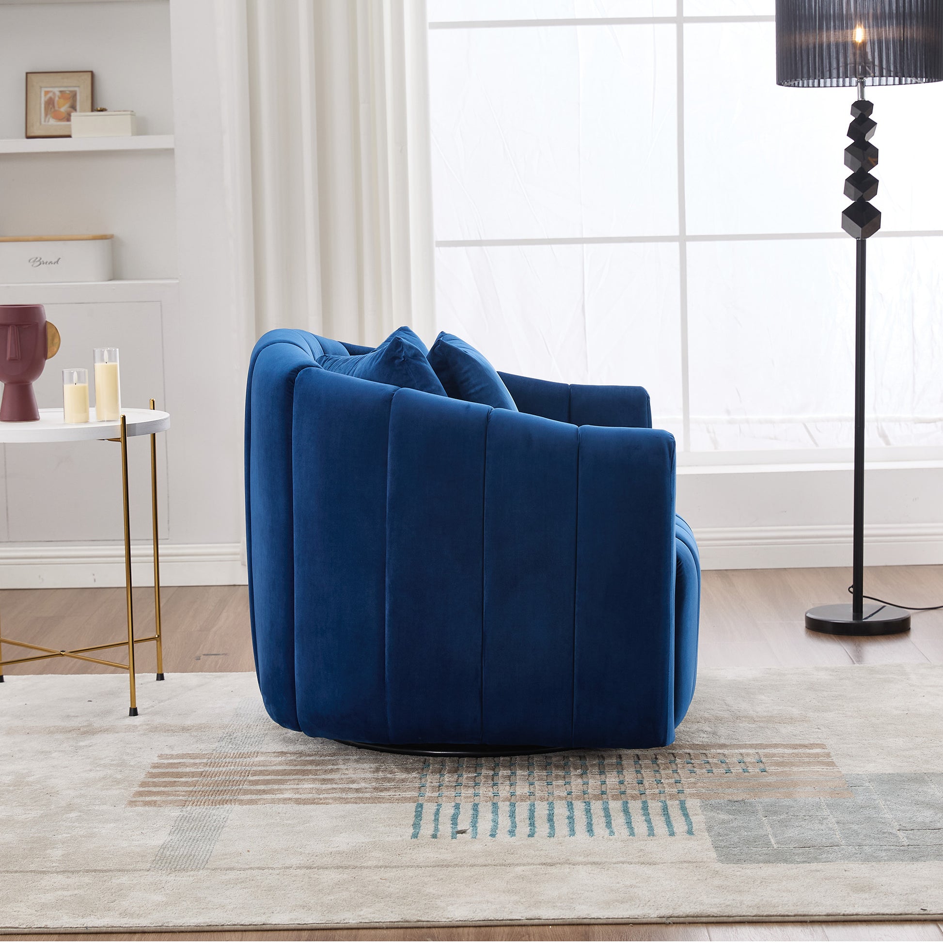 40.35'W Upholstered Oversized 360° Swivel Accent Barrel Chair and Half Cozy Sofa with 3 Pillows, Velvet Channel Tufted Pumpkin-Shape Club Armchair for Living Room, Bedroom, Office, Lounge,NAVY