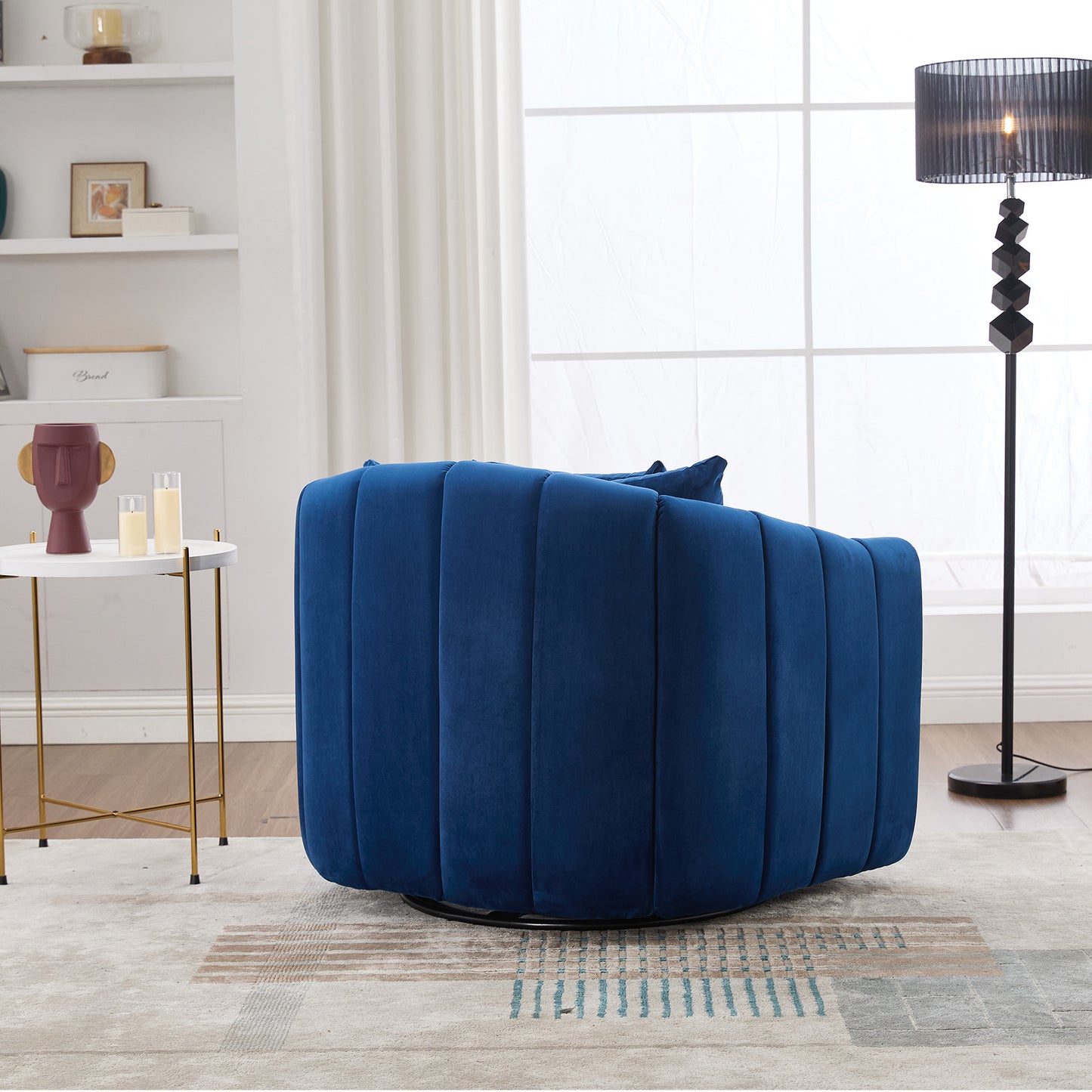 40.35'W Upholstered Oversized 360° Swivel Accent Barrel Chair and Half Cozy Sofa with 3 Pillows, Velvet Channel Tufted Pumpkin-Shape Club Armchair for Living Room, Bedroom, Office, Lounge,NAVY