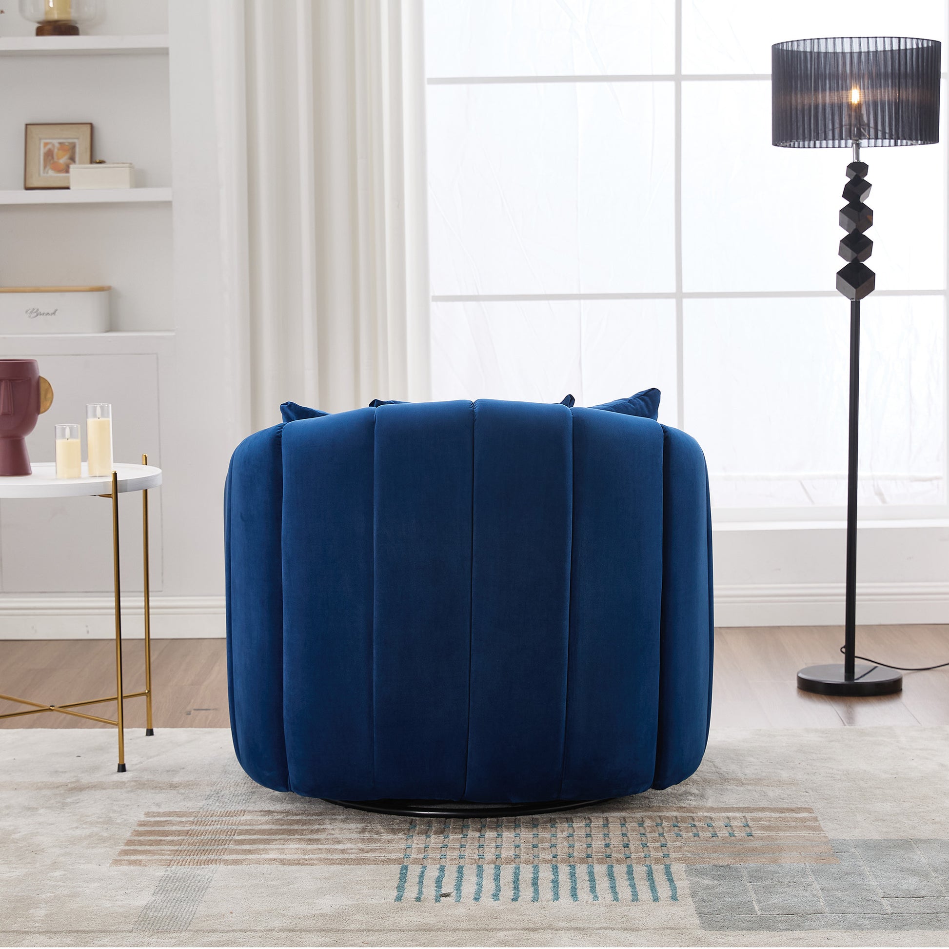 40.35'W Upholstered Oversized 360° Swivel Accent Barrel Chair and Half Cozy Sofa with 3 Pillows, Velvet Channel Tufted Pumpkin-Shape Club Armchair for Living Room, Bedroom, Office, Lounge,NAVY
