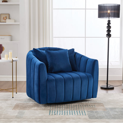 40.35'W Upholstered Oversized 360° Swivel Accent Barrel Chair and Half Cozy Sofa with 3 Pillows, Velvet Channel Tufted Pumpkin-Shape Club Armchair for Living Room, Bedroom, Office, Lounge,NAVY