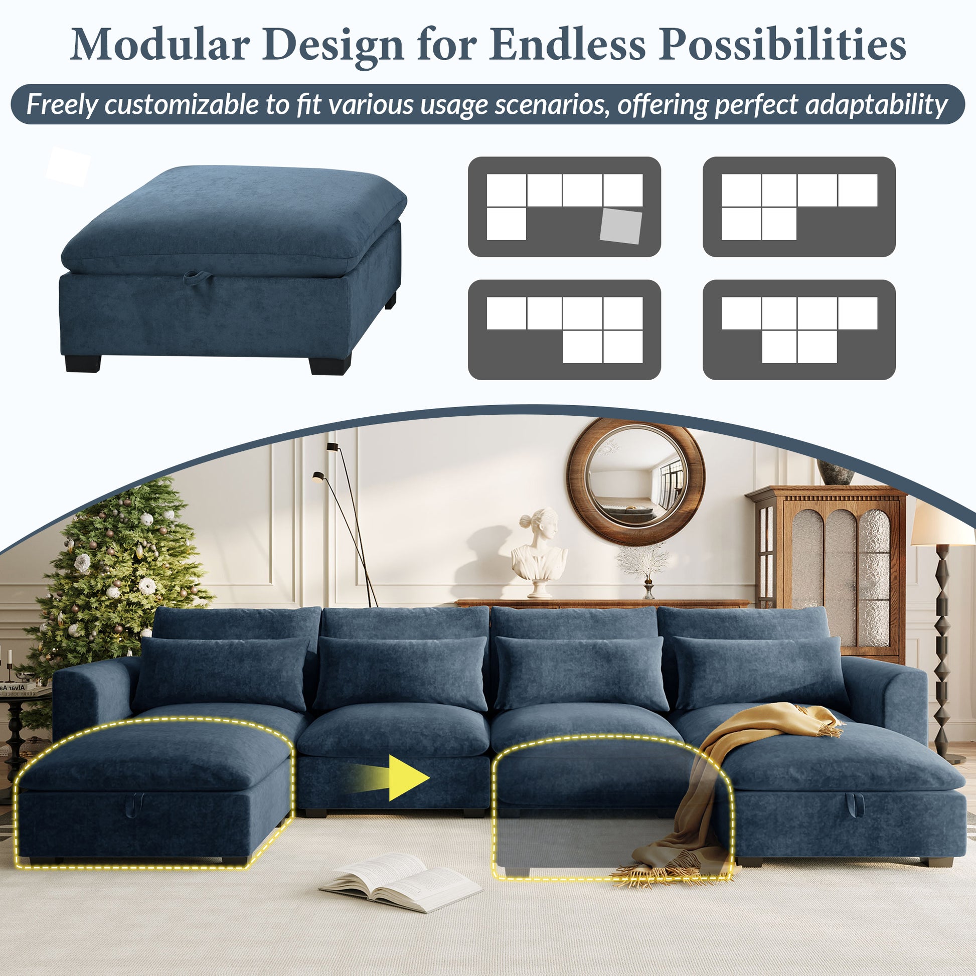 U_Style U-shaped Freely Transformable Modular Corner Sofa with Two Ottomans, Suitable for Living Rooms, Studies, Home Theaters, and More.