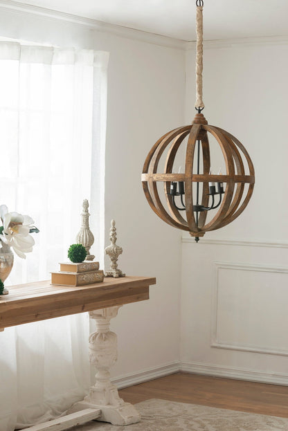 4 - Light Wood Chandelier, Hanging Light Fixture with Adjustable Chain for Kitchen Dining Room Foyer Entryway, Bulb Not Included - Groovy Boardz