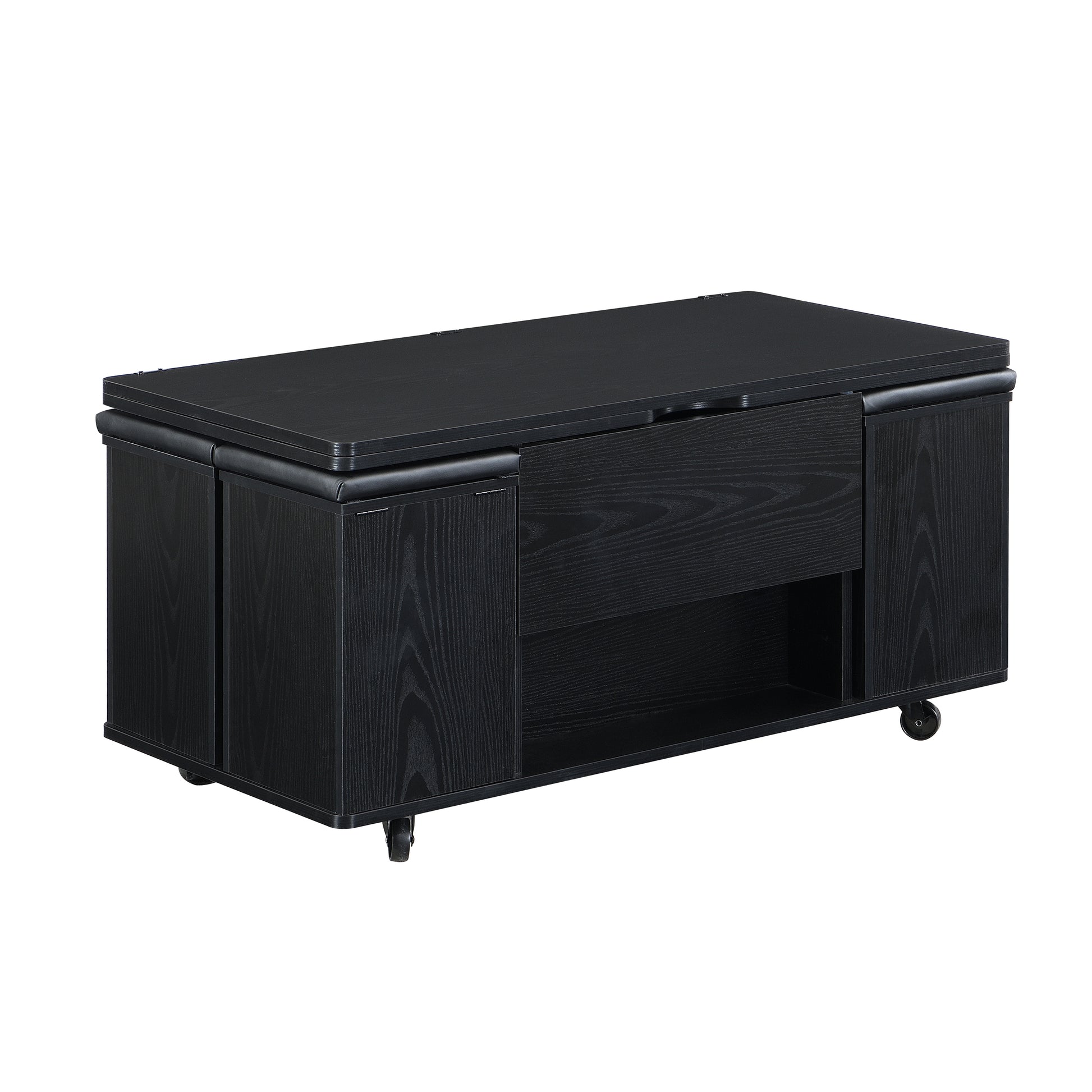 Multi-Functional Lift-Top Coffee Table with Hidden Storage and Stools, Multi-Function Modern Center Table with 4 Stools and Casters,Perfect for Modern Living Spaces, Black