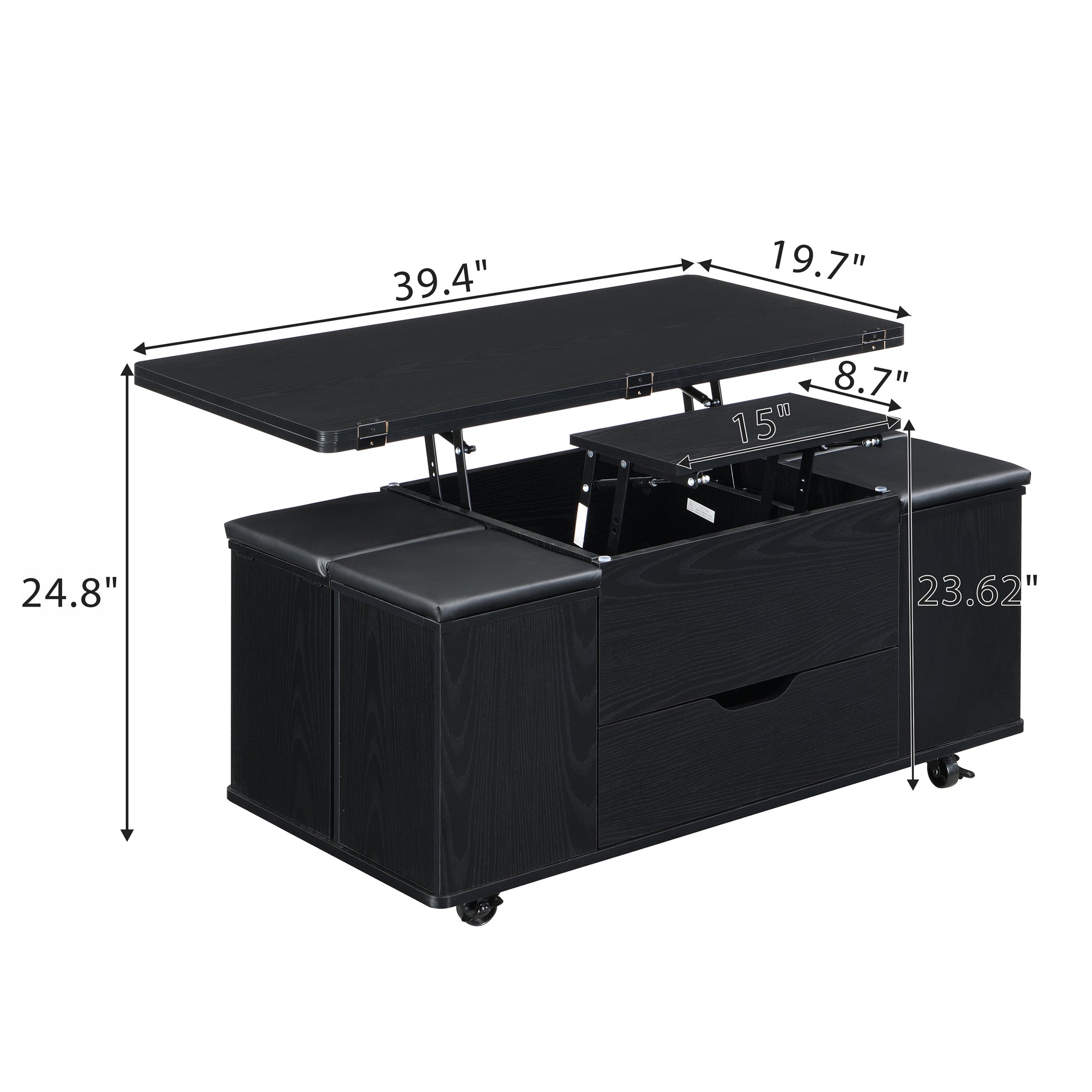 Multi-Functional Lift-Top Coffee Table with Hidden Storage and Stools, Multi-Function Modern Center Table with 4 Stools and Casters,Perfect for Modern Living Spaces, Black