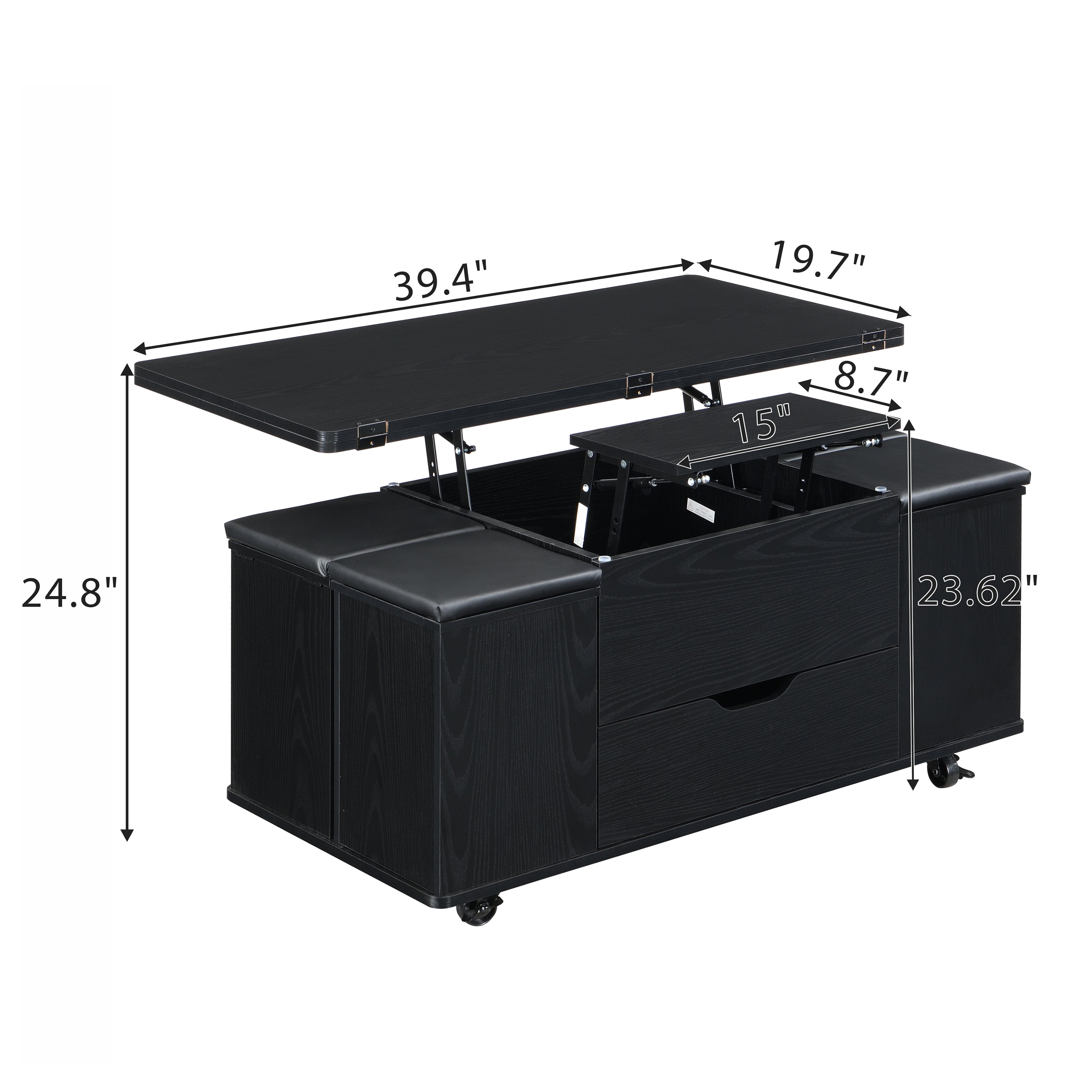 Multi-Functional Lift-Top Coffee Table with Hidden Storage and Stools, Multi-Function Modern Center Table with 4 Stools and Casters,Perfect for Modern Living Spaces, Black
