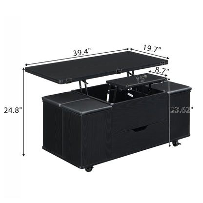 Multi-Functional Lift-Top Coffee Table with Hidden Storage and Stools, Multi-Function Modern Center Table with 4 Stools and Casters,Perfect for Modern Living Spaces, Black
