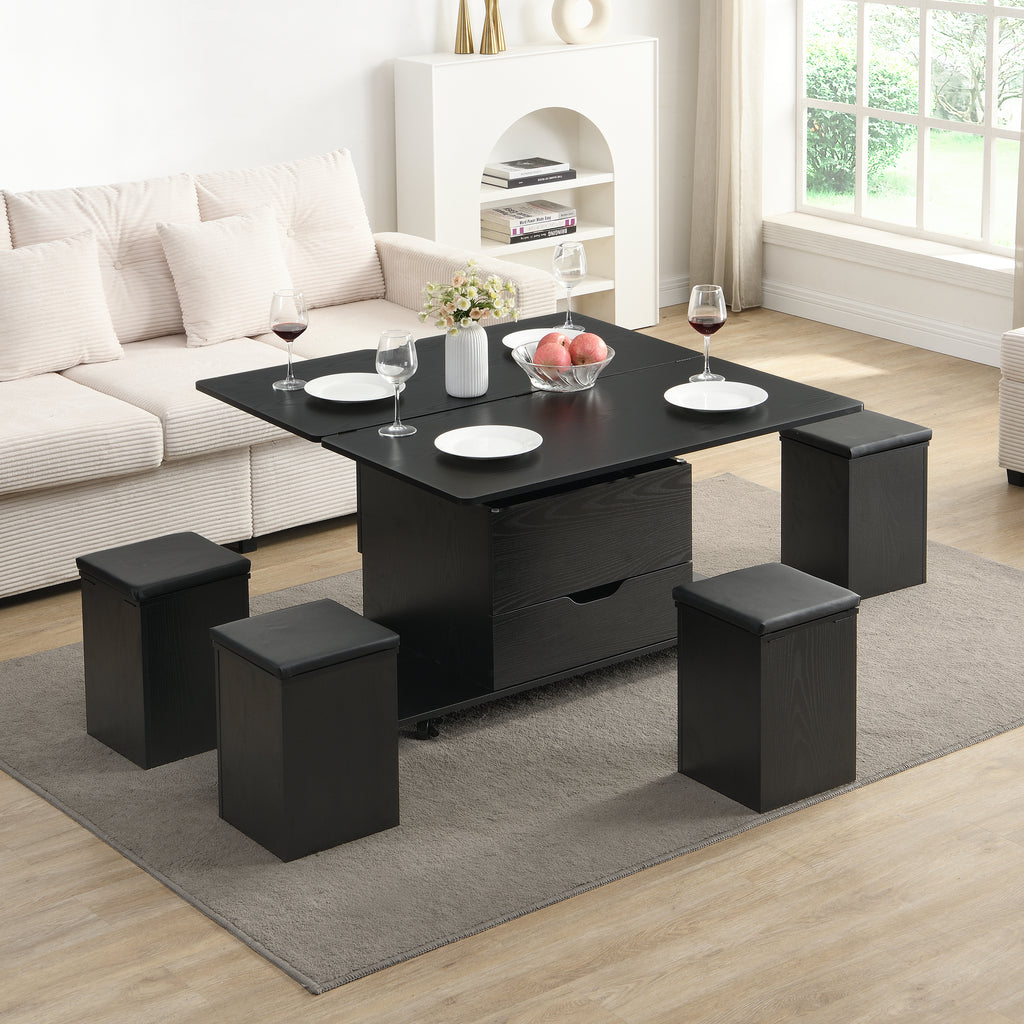 Multi-Functional Lift-Top Coffee Table with Hidden Storage and Stools, Multi-Function Modern Center Table with 4 Stools and Casters,Perfect for Modern Living Spaces, Black
