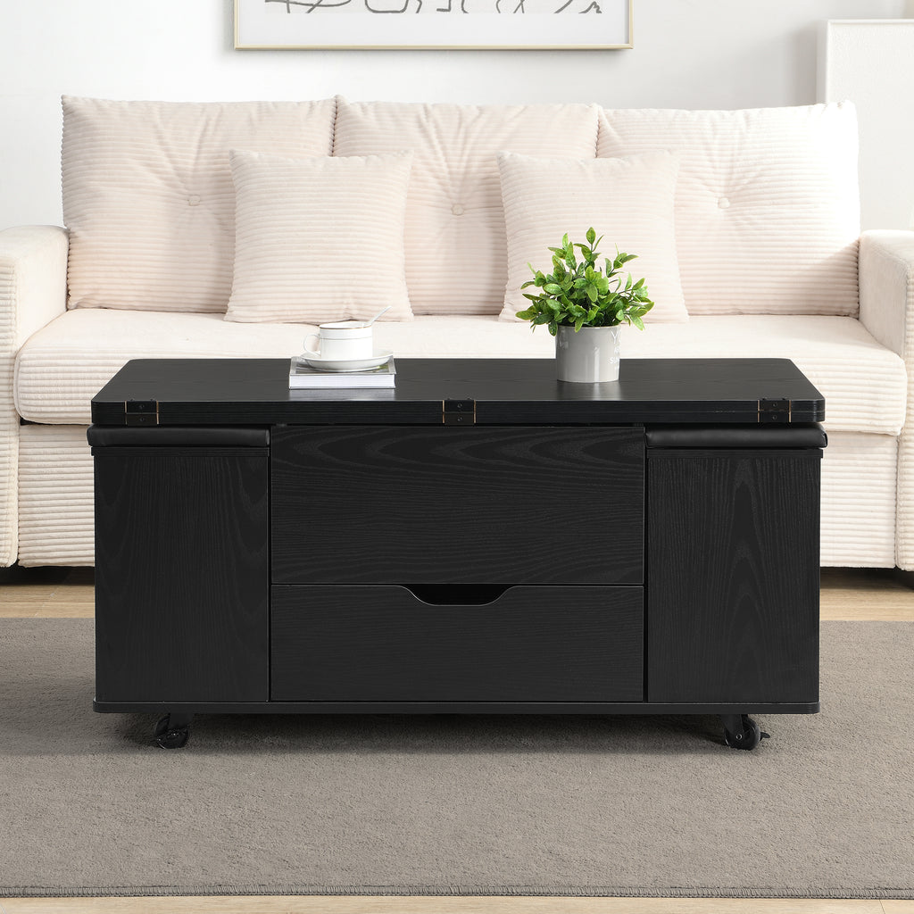 Multi-Functional Lift-Top Coffee Table with Hidden Storage and Stools, Multi-Function Modern Center Table with 4 Stools and Casters,Perfect for Modern Living Spaces, Black
