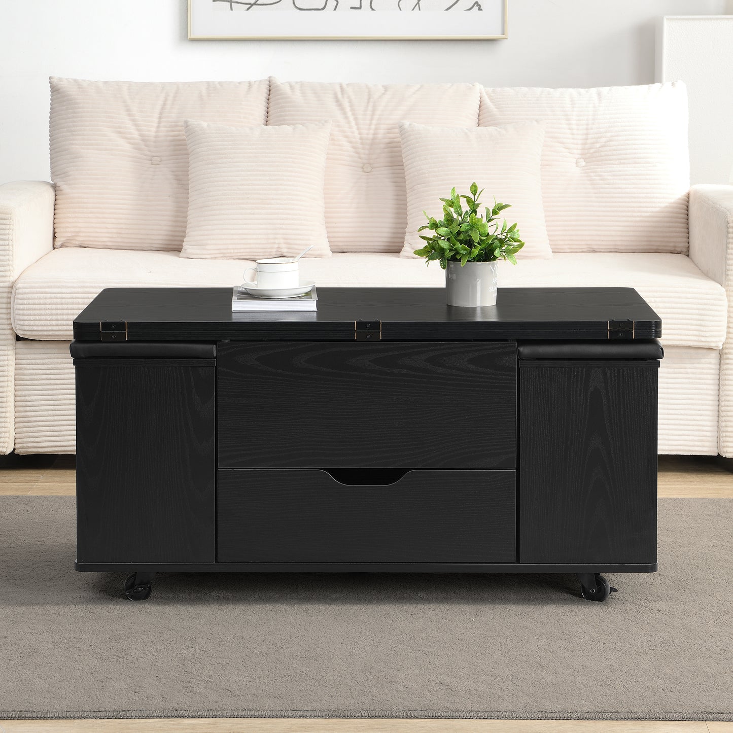 Multi-Functional Lift-Top Coffee Table with Hidden Storage and Stools, Multi-Function Modern Center Table with 4 Stools and Casters,Perfect for Modern Living Spaces, Black