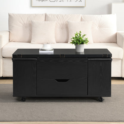 Multi-Functional Lift-Top Coffee Table with Hidden Storage and Stools, Multi-Function Modern Center Table with 4 Stools and Casters,Perfect for Modern Living Spaces, Black