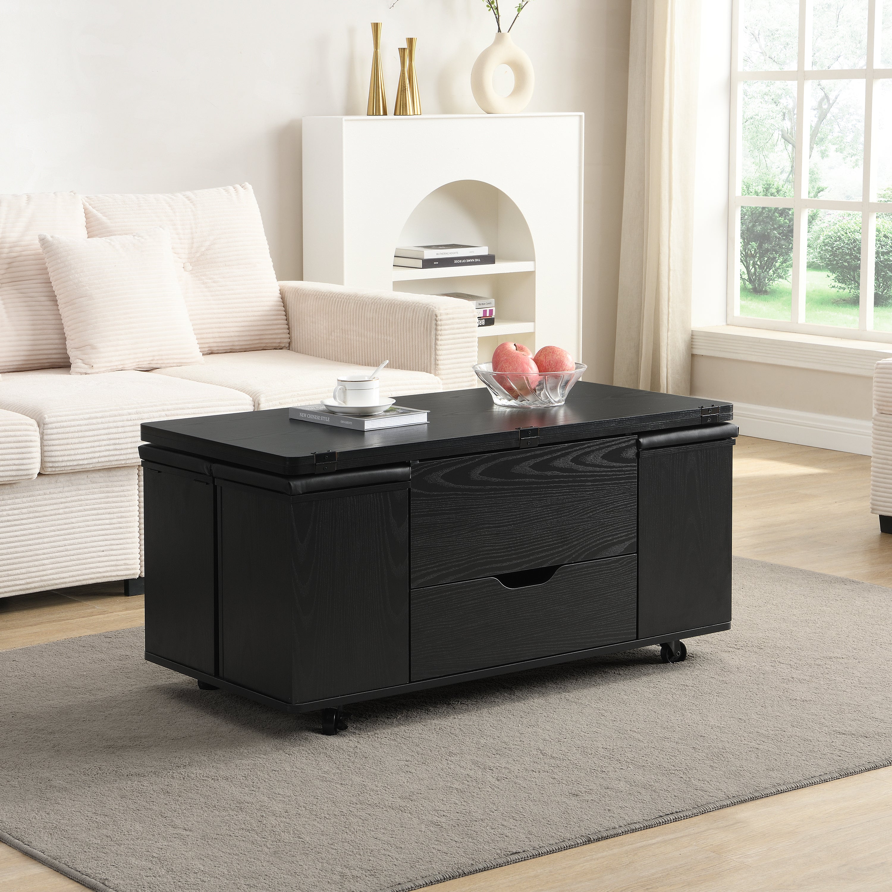 Multi-Functional Lift-Top Coffee Table with Hidden Storage and Stools, Multi-Function Modern Center Table with 4 Stools and Casters,Perfect for Modern Living Spaces, Black