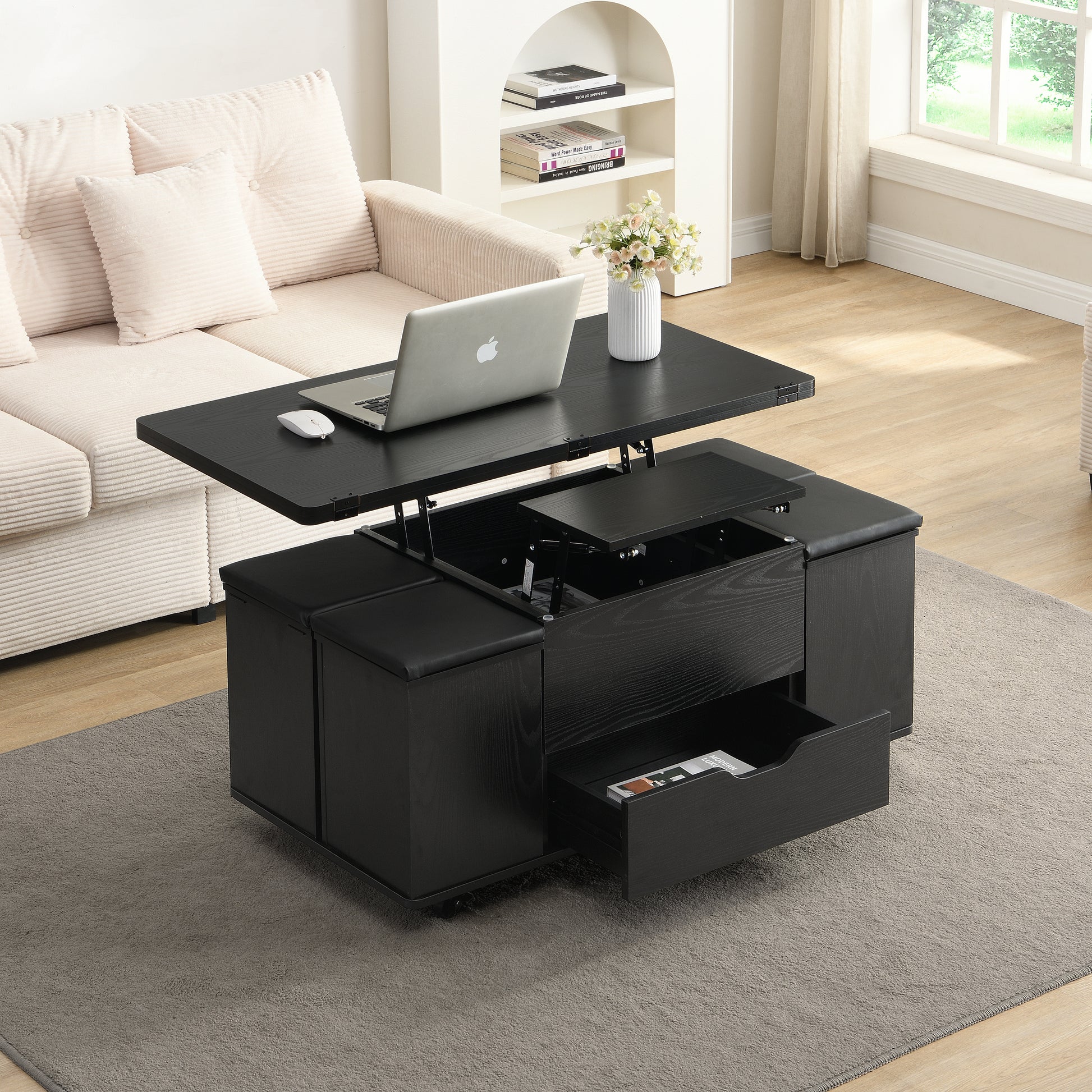 Multi-Functional Lift-Top Coffee Table with Hidden Storage and Stools, Multi-Function Modern Center Table with 4 Stools and Casters,Perfect for Modern Living Spaces, Black