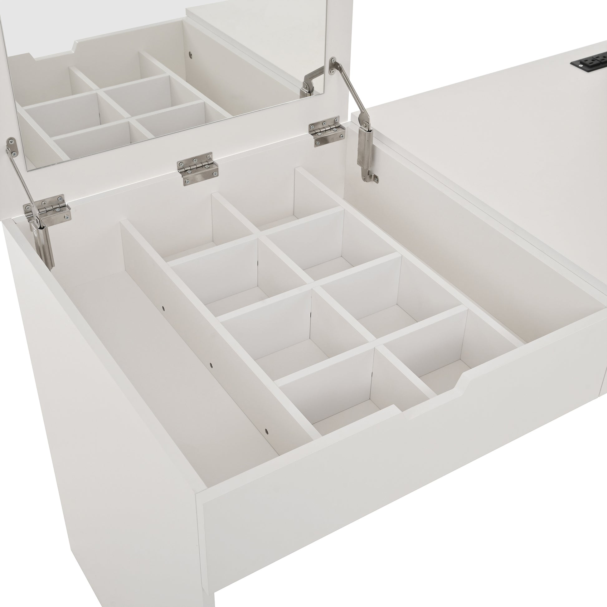 Versatile Makeup Vanity Desk with Mirror and Charging Station, Dressing Table with 8 Hidden Storage Compartments, Computer Desk with 3 Drawers, 2 Cabinets and Open Shelves,Home Office Desk, White