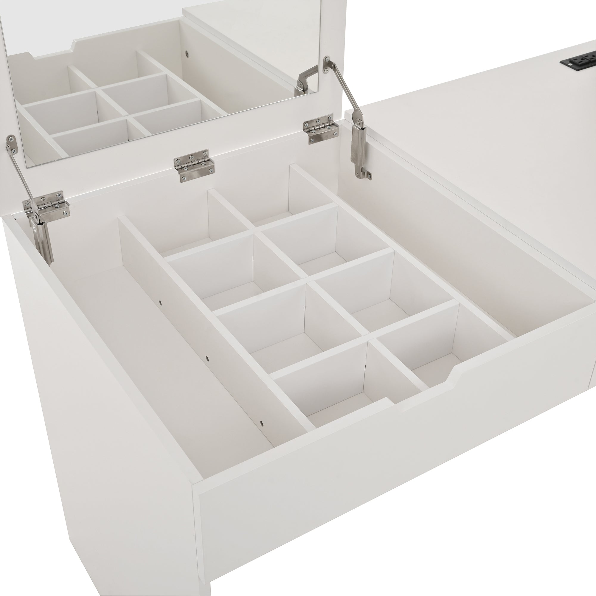 Versatile Makeup Vanity Desk with Mirror and Charging Station, Dressing Table with 8 Hidden Storage Compartments, Computer Desk with 3 Drawers, 2 Cabinets and Open Shelves,Home Office Desk, White
