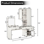 Versatile Makeup Vanity Desk with Mirror and Charging Station, Dressing Table with 8 Hidden Storage Compartments, Computer Desk with 3 Drawers, 2 Cabinets and Open Shelves,Home Office Desk, White