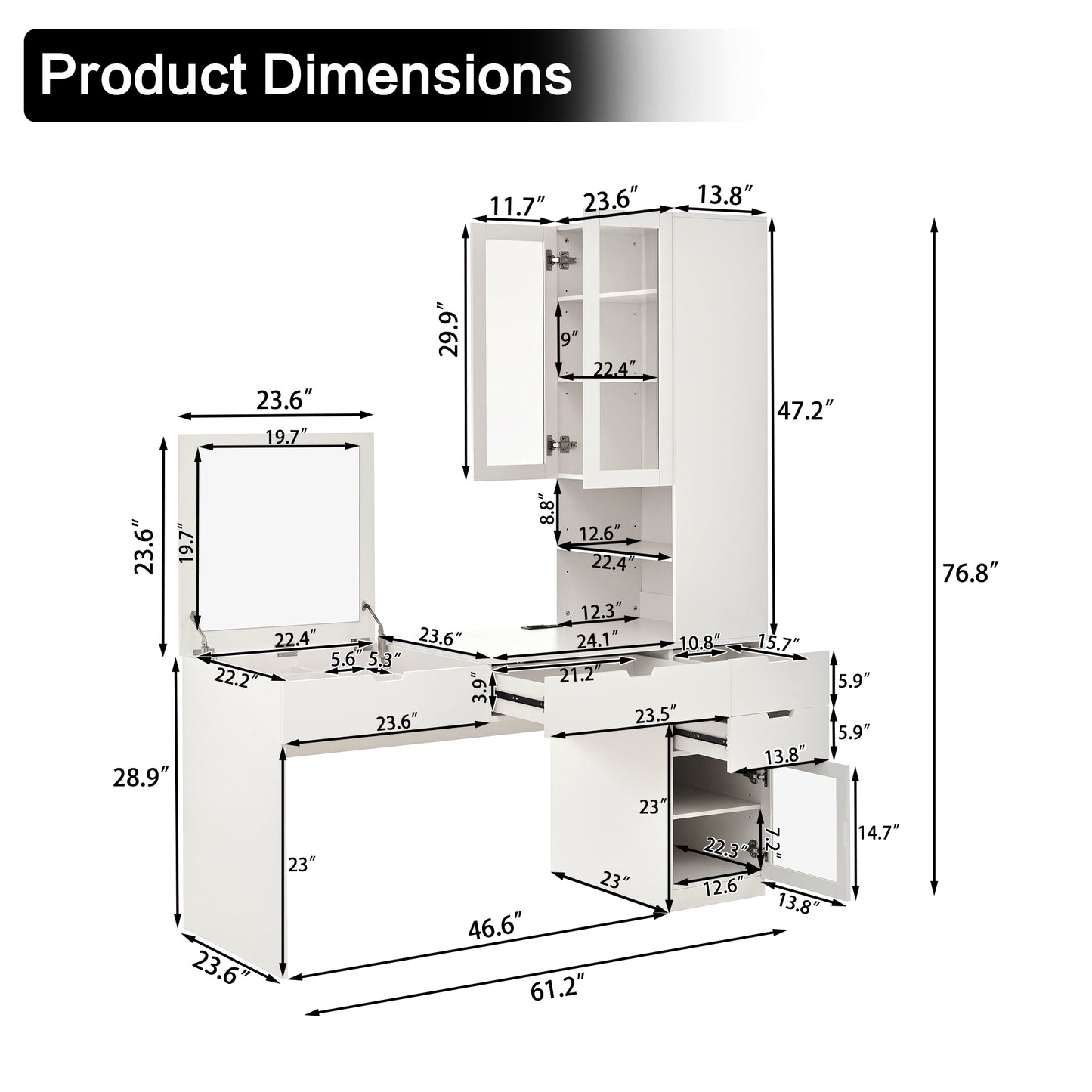 Versatile Makeup Vanity Desk with Mirror and Charging Station, Dressing Table with 8 Hidden Storage Compartments, Computer Desk with 3 Drawers, 2 Cabinets and Open Shelves,Home Office Desk, White