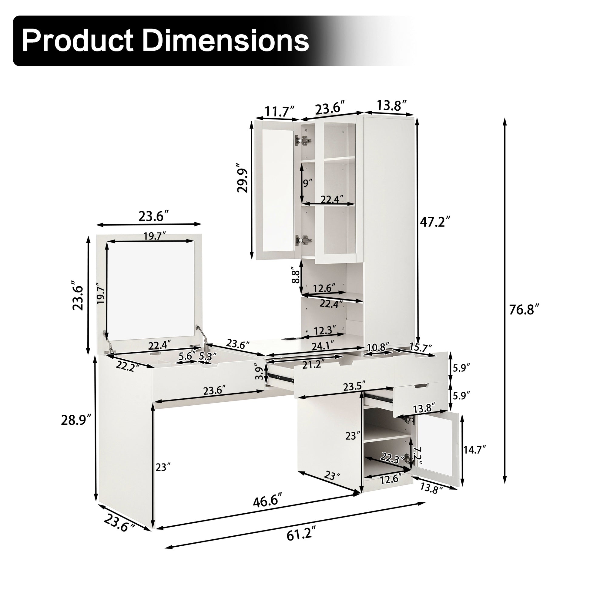 Versatile Makeup Vanity Desk with Mirror and Charging Station, Dressing Table with 8 Hidden Storage Compartments, Computer Desk with 3 Drawers, 2 Cabinets and Open Shelves,Home Office Desk, White