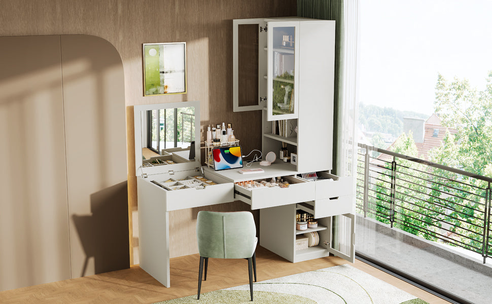 Versatile Makeup Vanity Desk with Mirror and Charging Station, Dressing Table with 8 Hidden Storage Compartments, Computer Desk with 3 Drawers, 2 Cabinets and Open Shelves,Home Office Desk, White