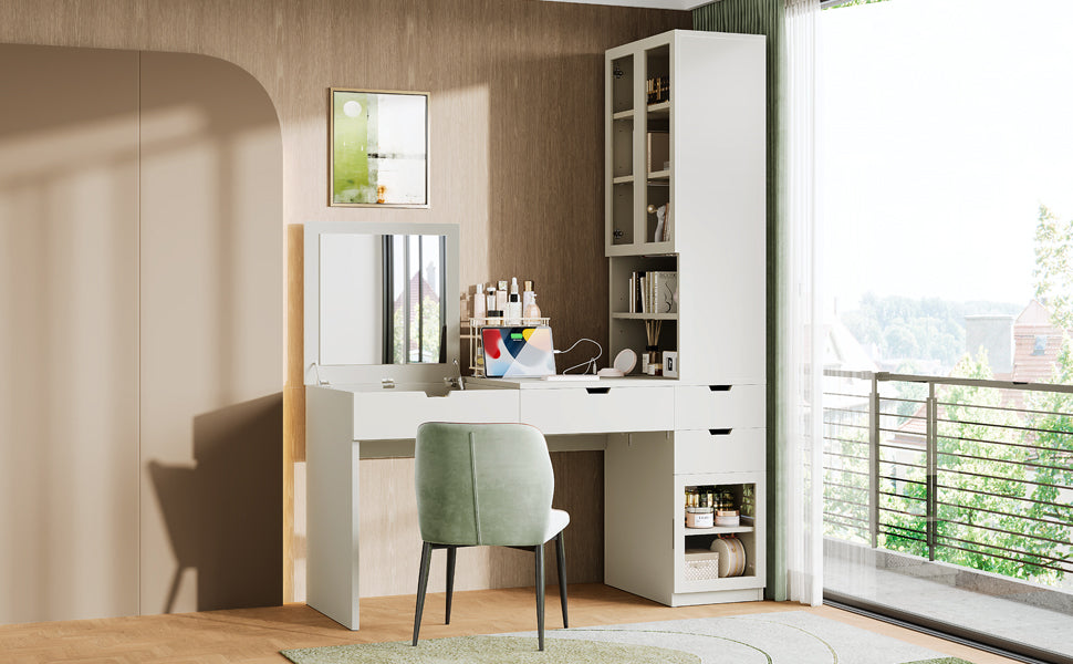 Versatile Makeup Vanity Desk with Mirror and Charging Station, Dressing Table with 8 Hidden Storage Compartments, Computer Desk with 3 Drawers, 2 Cabinets and Open Shelves,Home Office Desk, White
