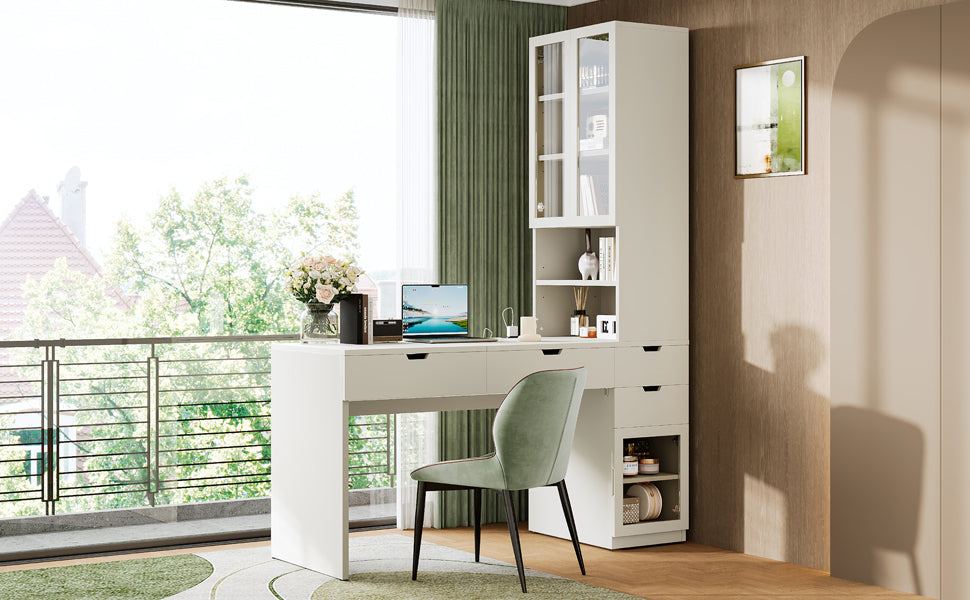 Versatile Makeup Vanity Desk with Mirror and Charging Station, Dressing Table with 8 Hidden Storage Compartments, Computer Desk with 3 Drawers, 2 Cabinets and Open Shelves,Home Office Desk, White