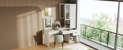 Versatile Makeup Vanity Desk with Mirror and Charging Station, Dressing Table with 8 Hidden Storage Compartments, Computer Desk with 3 Drawers, 2 Cabinets and Open Shelves,Home Office Desk, White