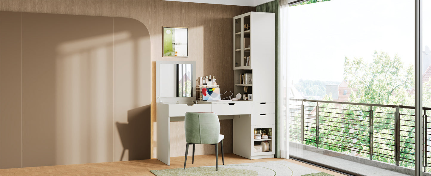 Versatile Makeup Vanity Desk with Mirror and Charging Station, Dressing Table with 8 Hidden Storage Compartments, Computer Desk with 3 Drawers, 2 Cabinets and Open Shelves,Home Office Desk, White
