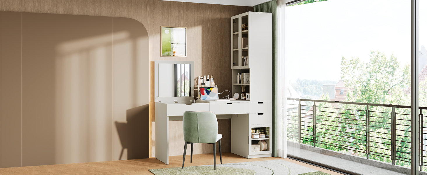 Versatile Makeup Vanity Desk with Mirror and Charging Station, Dressing Table with 8 Hidden Storage Compartments, Computer Desk with 3 Drawers, 2 Cabinets and Open Shelves,Home Office Desk, White