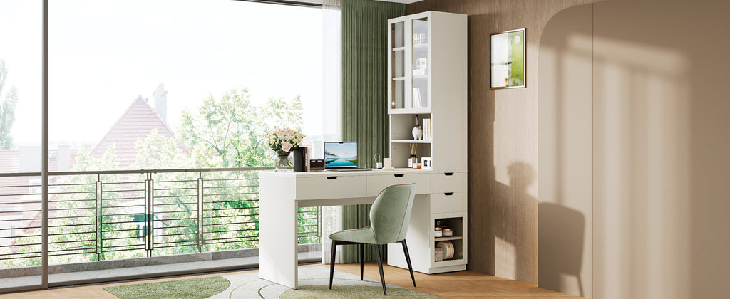 Versatile Makeup Vanity Desk with Mirror and Charging Station, Dressing Table with 8 Hidden Storage Compartments, Computer Desk with 3 Drawers, 2 Cabinets and Open Shelves,Home Office Desk, White